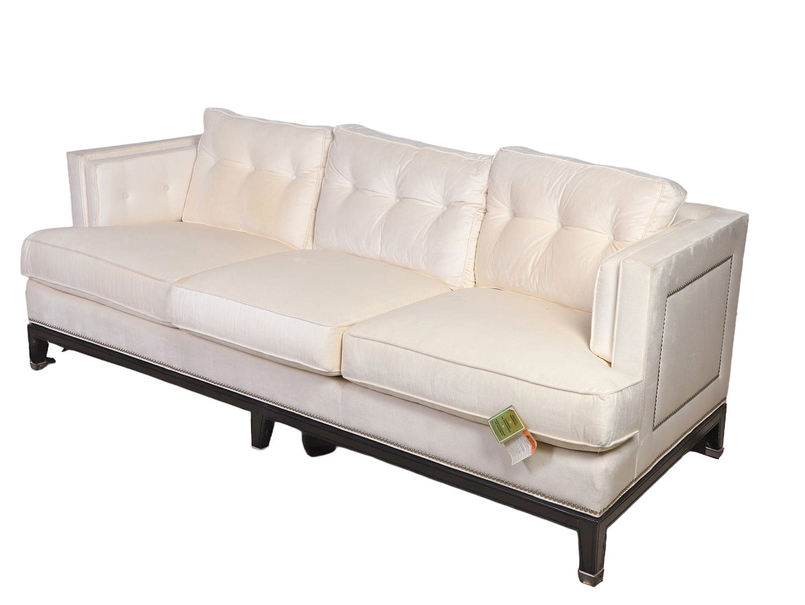 Whitaker Velvet Sofa by Michael Weiss for Vanguard: Whitaker Velvet Sofa by Michael Weiss for Vanguard Velvet upholstered with nailhead tacks over ebonized fraome on metal capped legs. Size: 29.5" H x 85.5" W x 36" D.