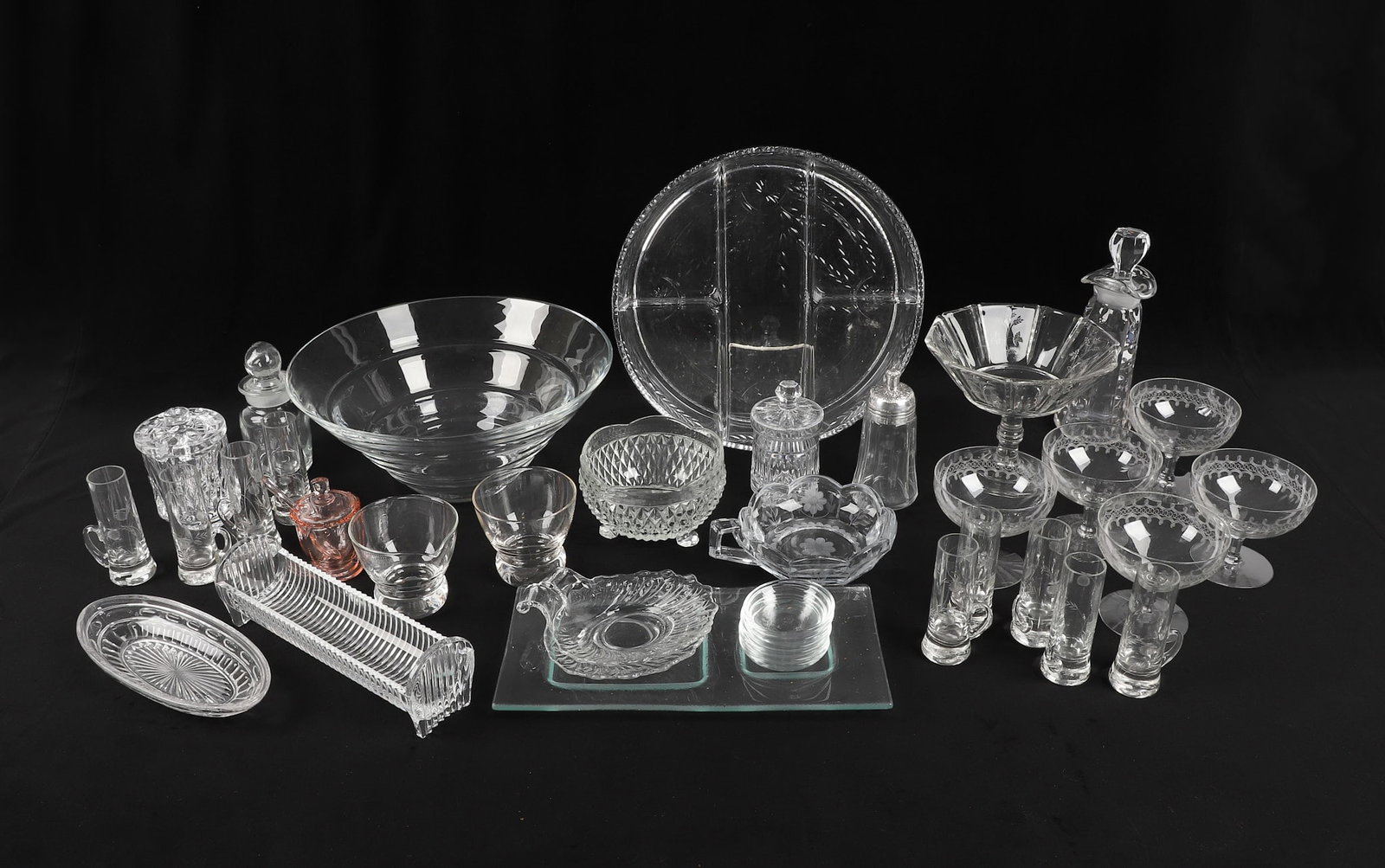 (39) Cut Glass & Crystal Variety Lot: (39) Cut Glass & Crystal Variety Lot (39) piece glassware lot including cut glass, crystal, pressed glass & more set to include an 11 5/8" Strata crystal bowl, 5 3/4"h x 7"w early American pressed gla
