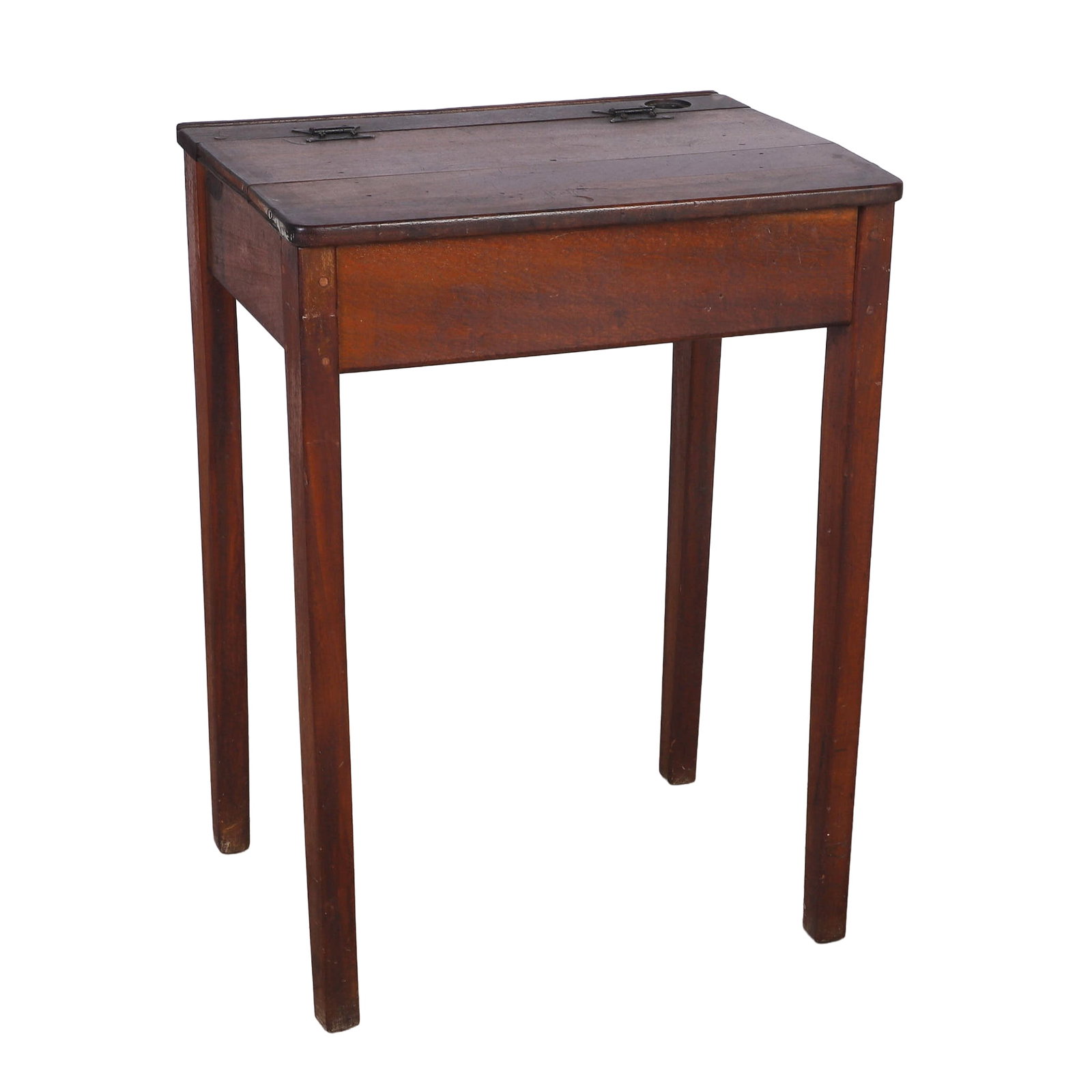 Antique School Desk: Antique School Desk Lift top school desk with inkwell and pencil rail. Endearing graffiti in interior. Size: 30" H x 22" W x 16.75" D