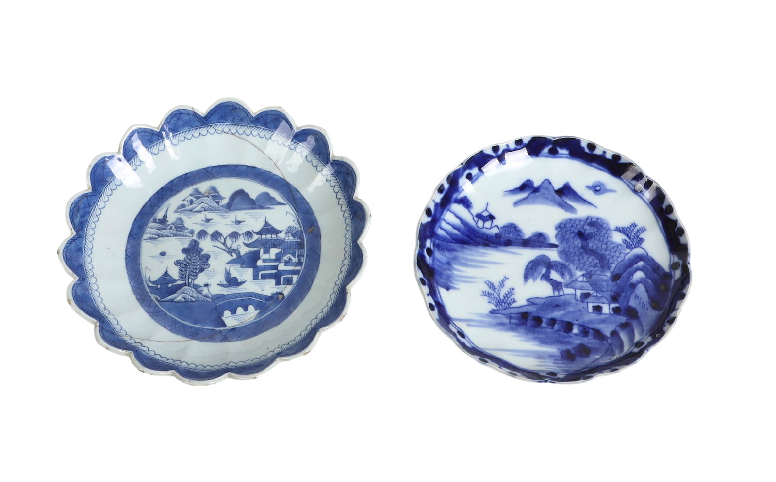 (2) Antique Export Blue/White Porcelain Bowls: (2) Antique Export Blue/White Porcelain Bowls (2) antique export Chinese blue and white bowls depicting similar village scenes, one larger and with a more dramatically scalloped rim. Smaller measures 