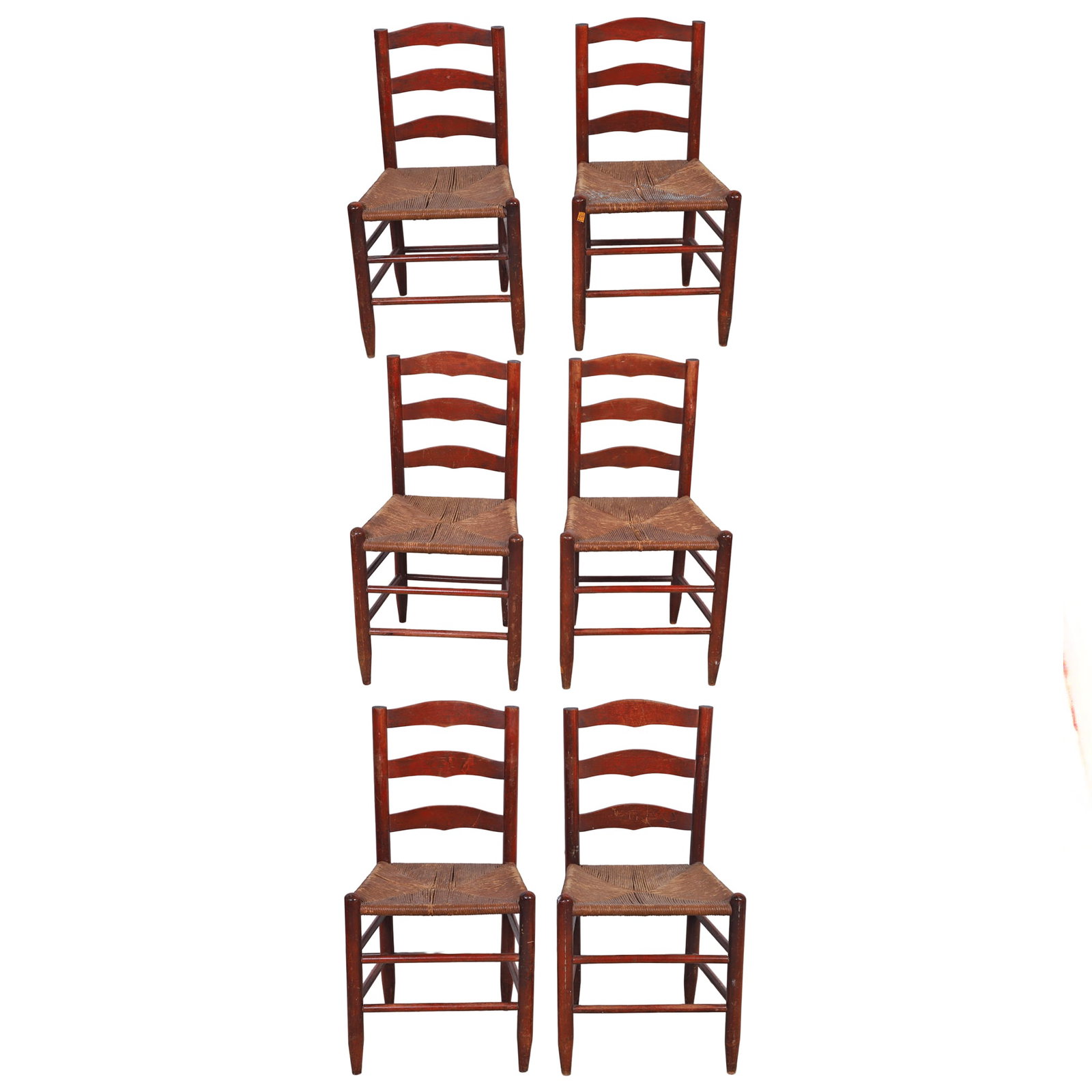 (6) Country French Style Ladderback Rush Seat Chairs: (6) Country French Style Ladderback Rush Seat Chairs Set of six Country French style ladderback dining chairs, horizontal slats and woven rush seats, raised on turned and tapered legs joined by stretc
