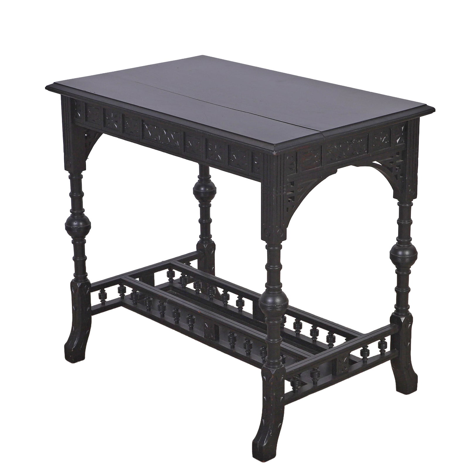 Ebonized Aesthetic Period Writing Table: Ebonized Aesthetic Period Writing Table 19th C Victorian writing table. Galleried stretcher. 28" H x 30.5" W x 19.5" D