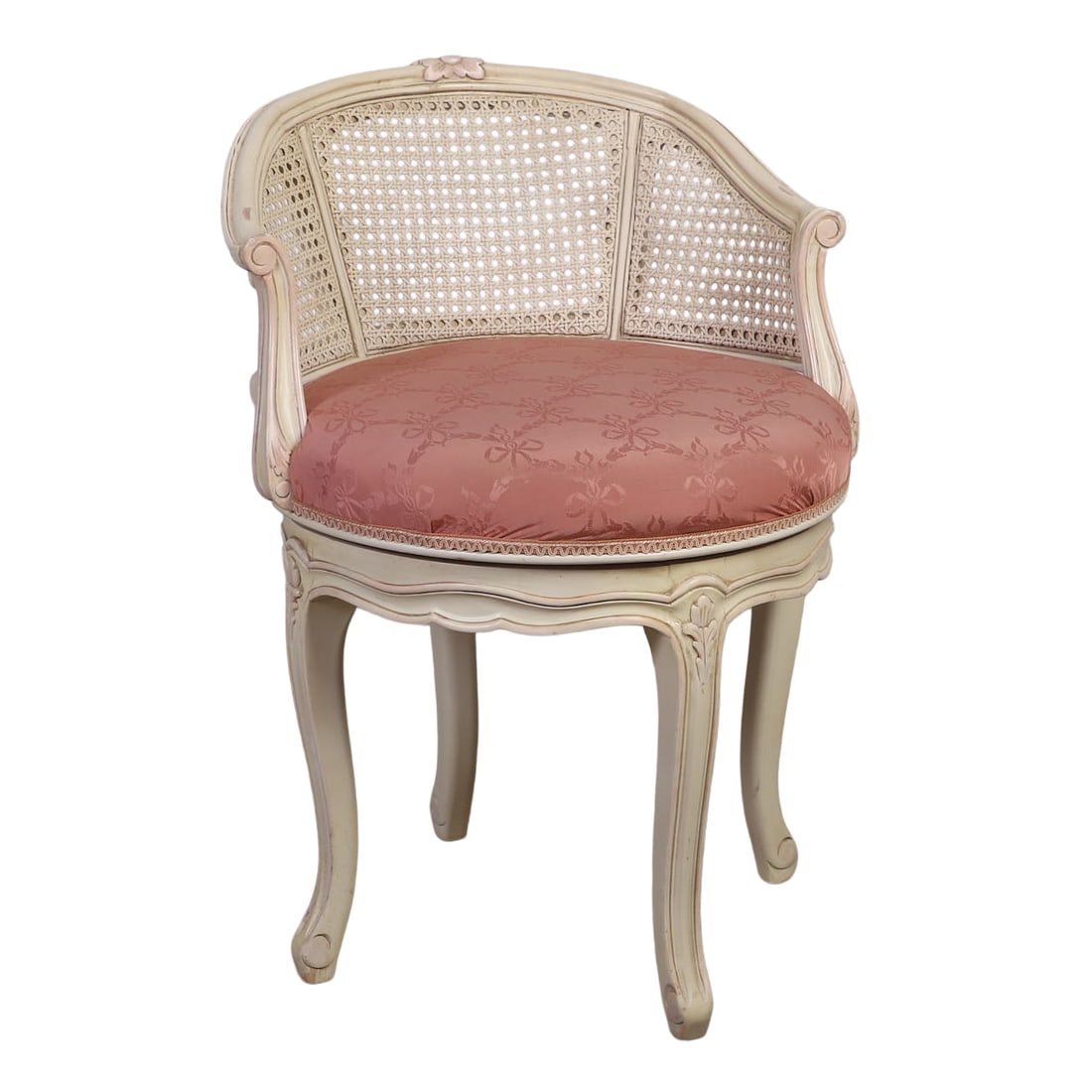 French Provincial Style Caned Barrel-Back Vanity Chair: French Provincial Style Caned Barrel-Back Vanity Chair French Provincial style painted vanity chair, caned barrel form back and sides, pink upholstered seat, cabriole legs, 28"h x 20" w x 18"d
