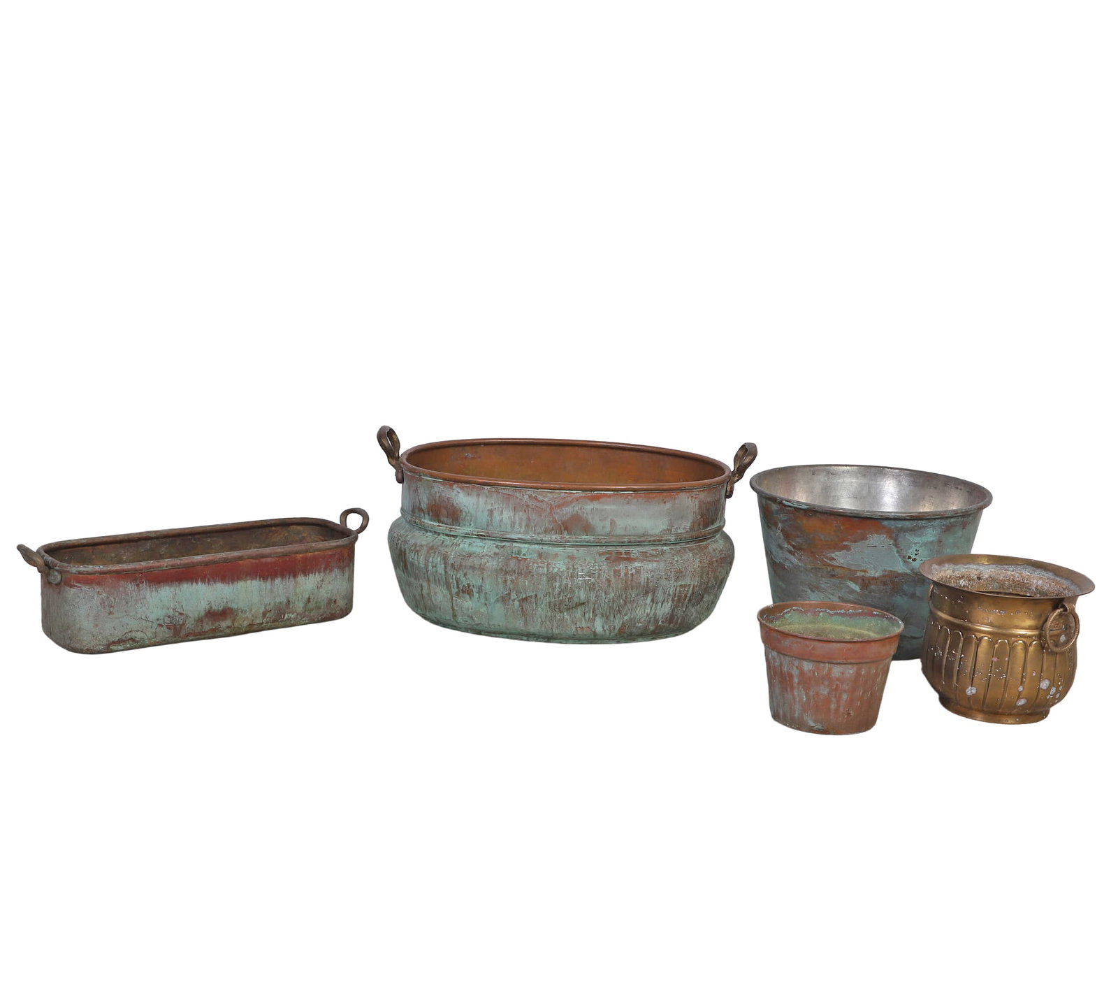 (5) Verdigris Patinated Metal Planters: (5) Verdigris Patinated Metal Planters Large metal planter having verdigris patinated exterior and rolled rim, 10"h x 15"d