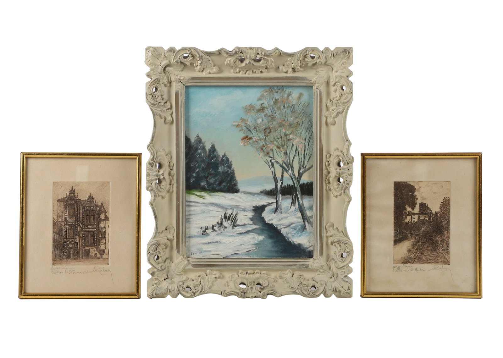 (3) Signed Oil on Board/French City Etchings: (3) Signed Oil on Board/French City Etchings (3) Variety lot of art featuring an oil on board river landscape in decorative white frame signed 'Seaman' (13 1/2" x 16 1/2", 8 3/8" x 11 3/8" site) and a