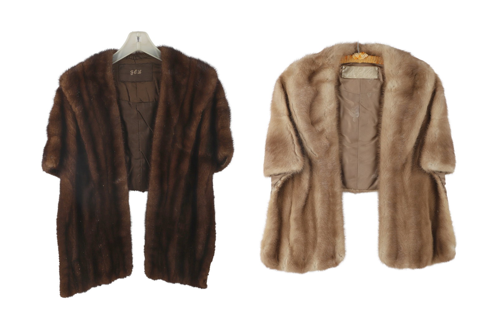 (2) Fur Stoles 25"l x 18 1/2"w: (2) Fur Stoles (2) Fur stoles from Lord Taylor & Richard Scott, New York. Richard Scott fur monogrammed J C L. 25"l x 18 1/2"w