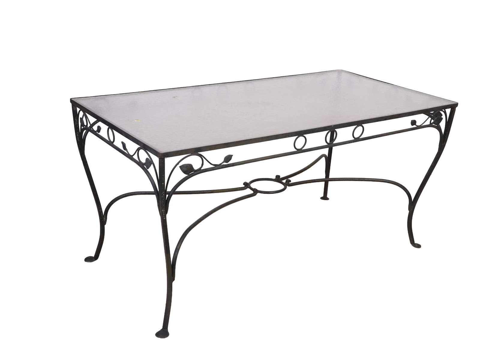 Vintage Salterini Wrought Iron Patio Dining Table: Vintage Salterini Wrought Iron Patio Dining Table Ivy motif on apron and legs. X-form stretcher. Plastic top. Size: 29.5" H x 60.5" W x 30.5" D