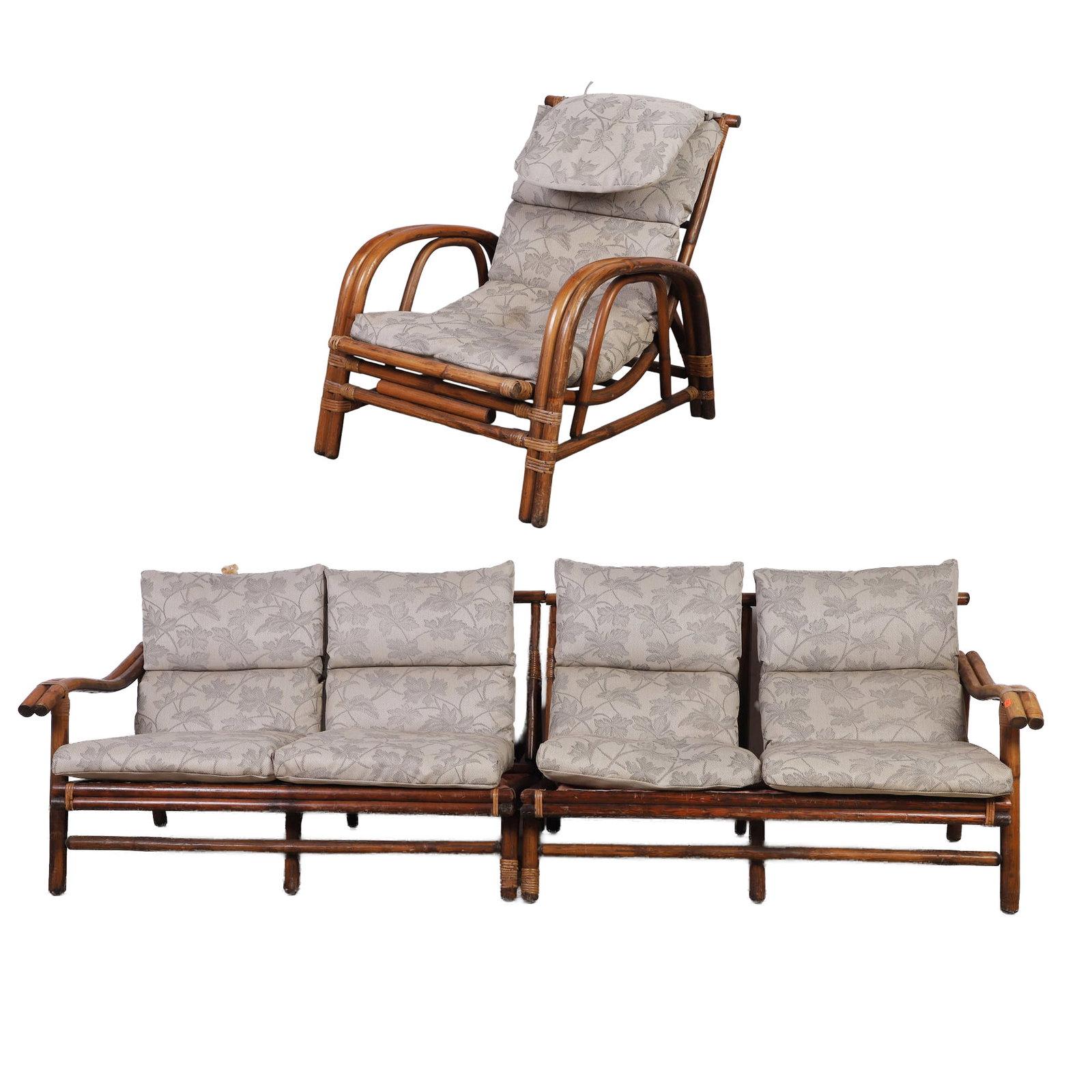 Rattan Seating Suite: Rattan Seating Suite A Frankl style lounge chair, 31" H x 26" W x 36" D, and a (2) part sectional, overall 27" H x 94" W x 33" D