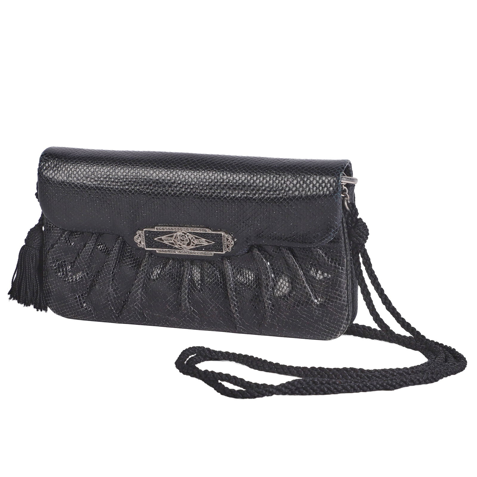 Judith Leiber Black Reptile Bag: Judith Leiber Black Reptile Bag Judith Leiber black snakeskin reptile evening handbag, art deco metal clasp wear consistent with age and use