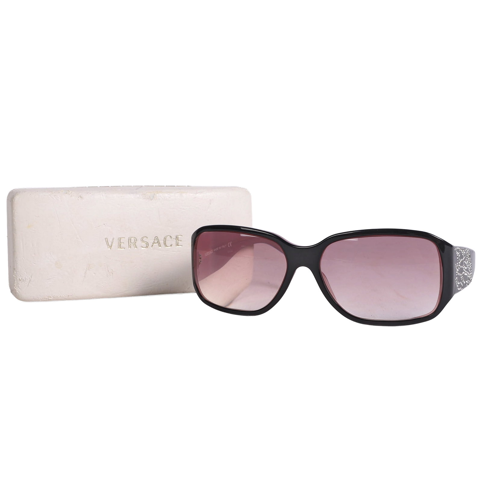 Vintage Versace Mod 4110-B Swarovski Crystal Sunglasses: Vintage Versace Mod 4110-B Swarovski Crystal Sunglasses Vintage Versace Mod 4110-B sunglasses with case, made in Italy, featuring black acetate frames with Swarovski crystals, medusa temple decoration