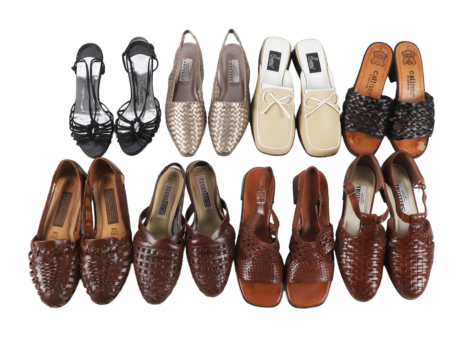(8) Pairs of Womens Shoes To Include Trotters: (8) Pairs of Womens Shoes To Include Trotters (8) Pairs Of Womens Shoes To Include Trotters Lucille in Brown, Trotters Leanna in Pewter, Trotters Woven Sandal, Bijou Shoes Taupe With White Bow, The Le
