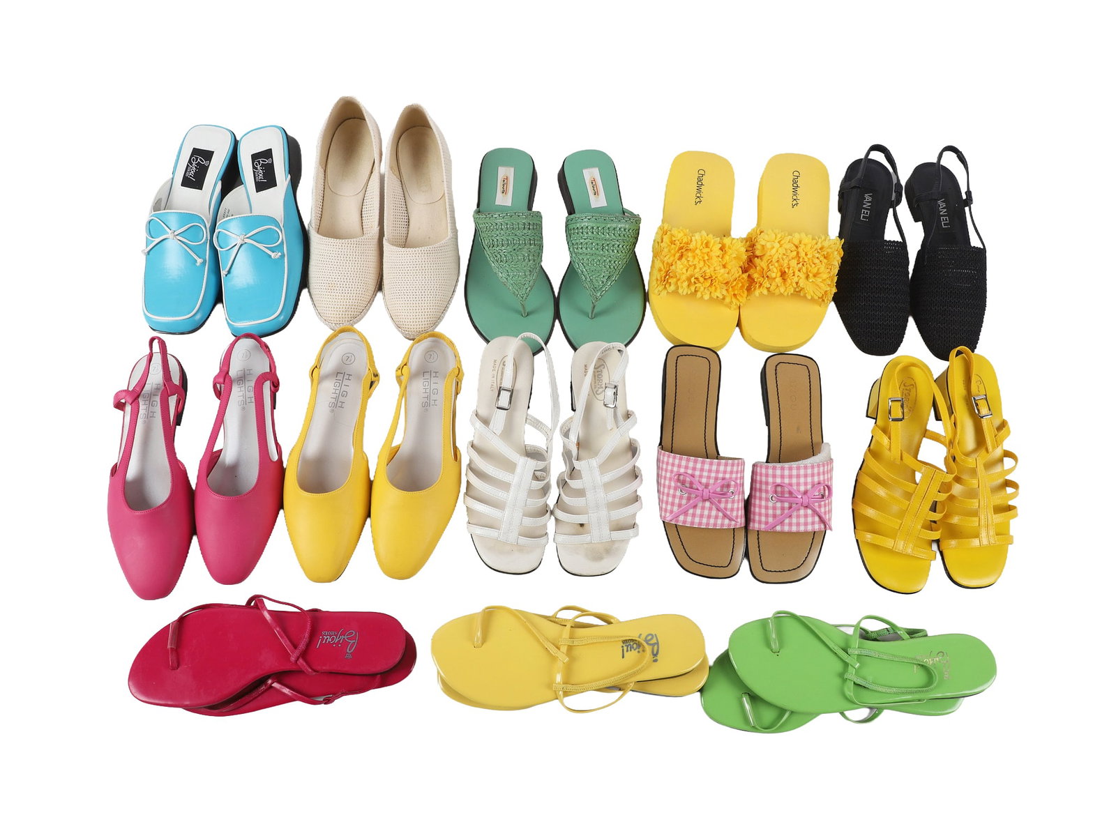 (13) Pairs Of Womens Sandals To Include Chadwicks: (13) Pairs Of Womens Sandals To Include Chadwicks (13) Pairs Of Womens Sandals To Include Chadwicks In Yellow, Vaneli Janet Navy Crochet, Talbots Guido In Grass Green, Lands End Woven Wedge In Cream, 