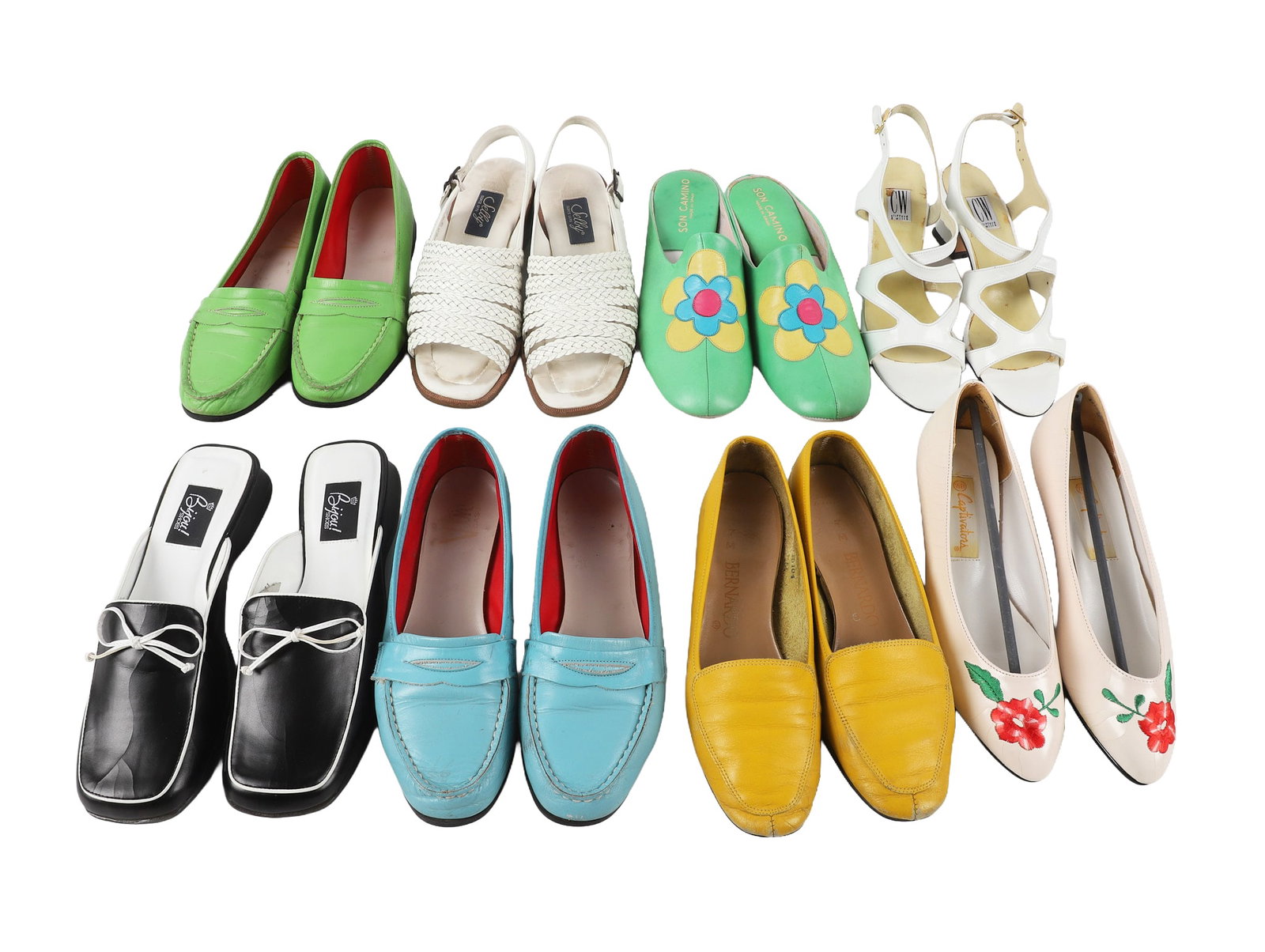(8) Pairs Of Womens Shoes to include Son Camino: (8) Pairs Of Womens Shoes to include Son Camino (8) Pairs Of Womens Shoes to include Son Camino Made In Spain, Green With Flower, Viner Casuals in Green (leather), Viner Casuals in Light Blue, (leathe