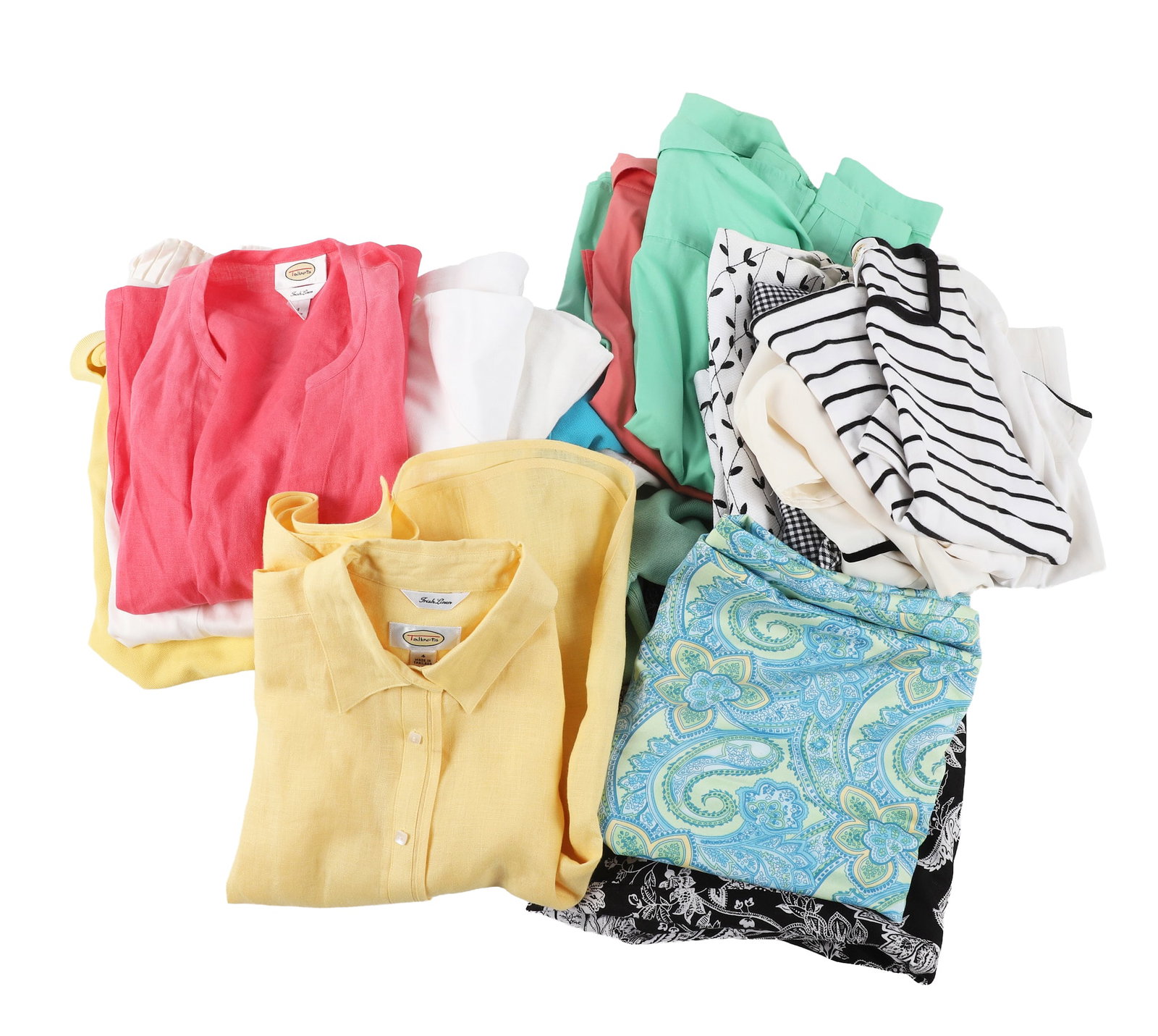 (19) Pieces of Women’s Talbots Clothing: (19) Pieces of Women’s Talbots Clothing (19) Pieces of Women’s Talbots Clothing to include (2) green button-up blouses, coral button-up blouse, (3) white polo shirts including one with tag
