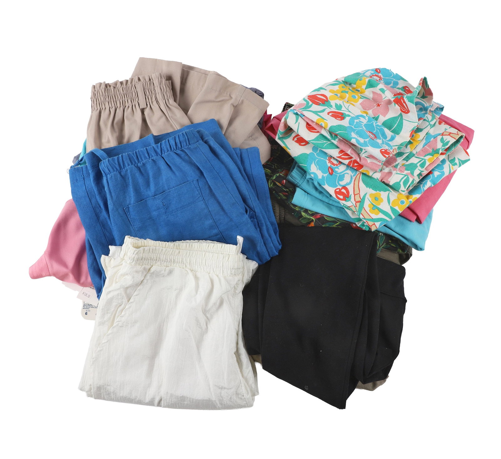 (16) Pieces Of Women's Pants & Shorts to Include Eddie Bauer: (16) Pieces Of Women's Pants & Shorts to Include Eddie Bauer Women?s Grouping of Pants, Shorts & Sportswear including Adrianna Papell silk button-up long sleeve shirt with tags, Adrianna Papell floral
