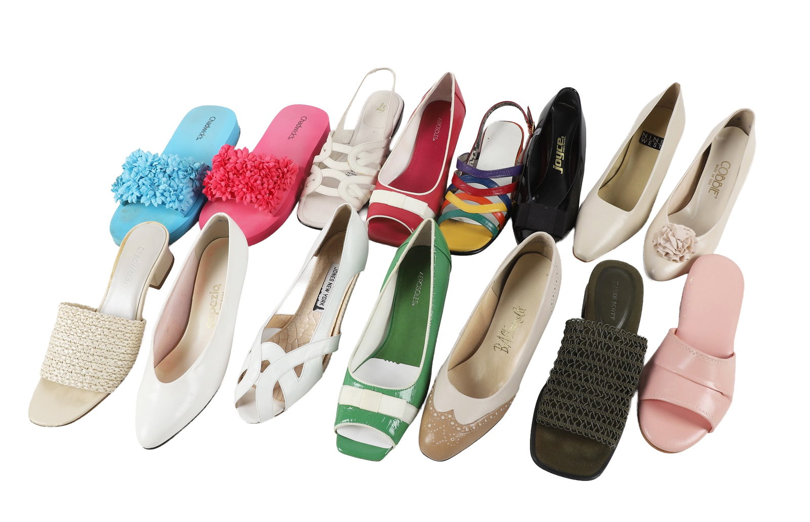 (15) Pairs Women’s Sandals and Dress Shoes To Include Nine West: (15) Pairs Women’s Sandals and Dress Shoes To Include Nine West (15) Pairs Of Womens Sandals To Include Chadwicks In Blue, Chadwicks In Hot Pink, Jones New York Chase White, Daniel Green Pink Op