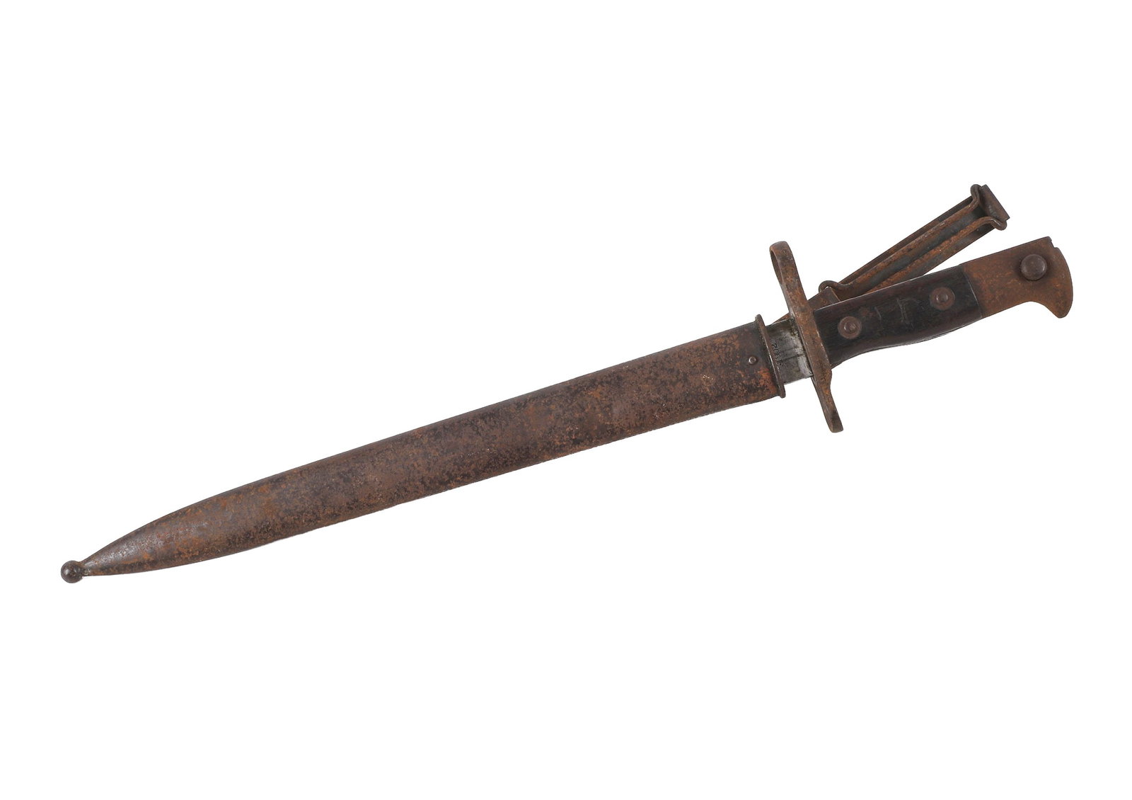 U.S. 1902 Krag Rifle Bayonet: U.S. 1902 Krag Rifle Bayonet Antique U.S. 1902 Krag rifle bayonet with metal scabbard, exterior patina with age. 11 1/2" blade, full length 18"