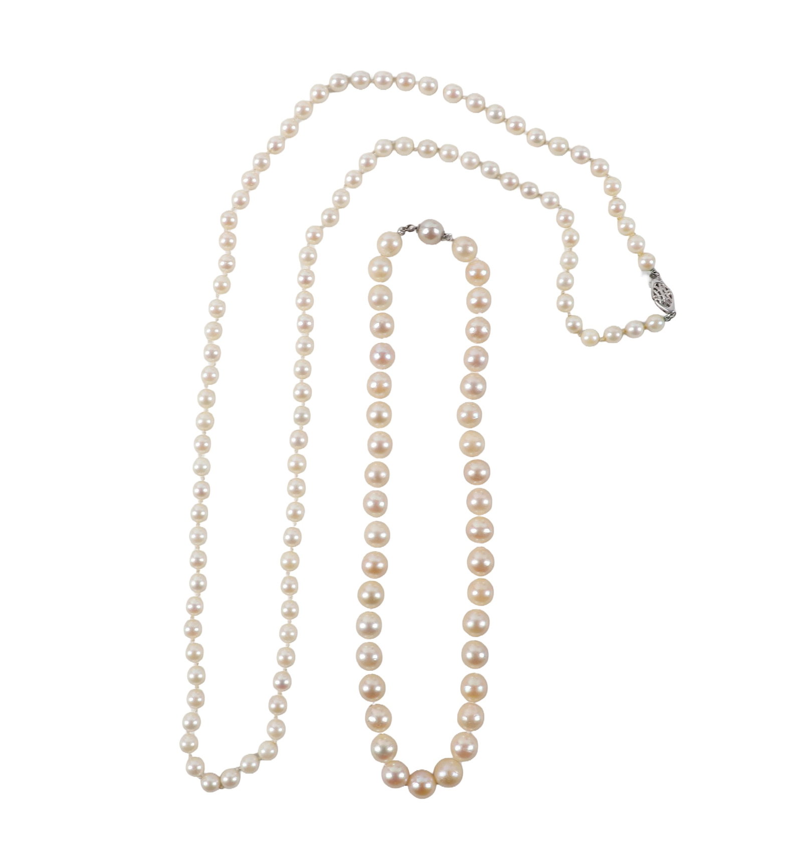Two Cultured Pearl Necklaces with 14K Gold Clasps: Two Cultured Pearl Necklaces with 14K Gold Clasps Two cultured pearl necklaces, each marked with 14K clasp, larger strand is 29" long and smaller strand is 14" long