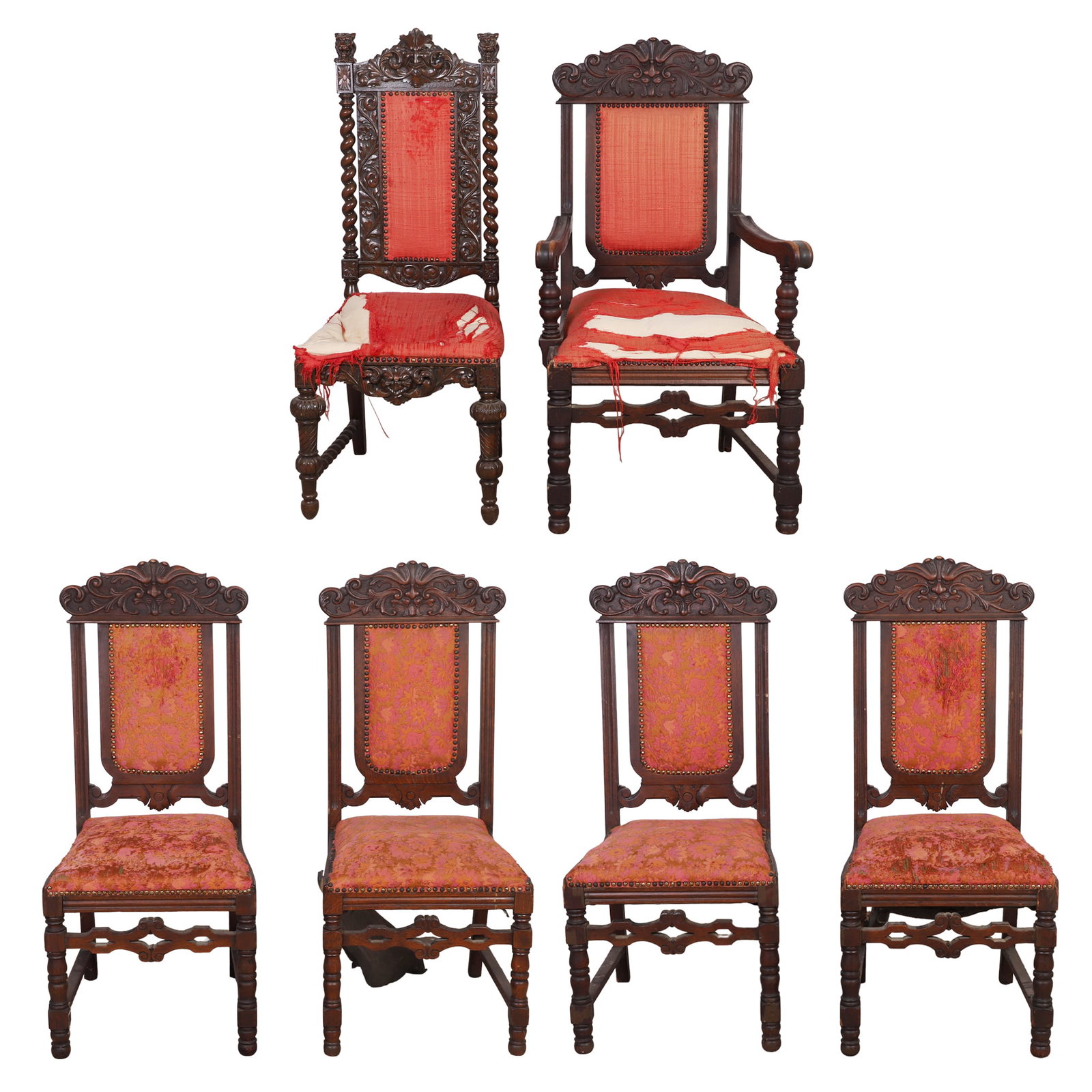 (6) Renaissance Revival Dining Chair Including Armchair: (6) Renaissance Revival Dining Chair Including Armchair (6) Renaissance Revival dining chairs including (4) side chairs with floral upholstery, one arm chair, and one carved side chair with barley twi