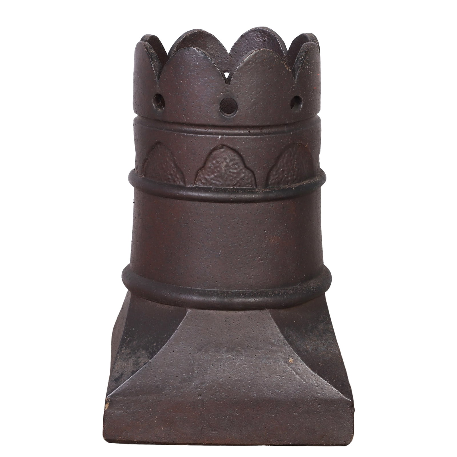Antique Glazed Terracotta Chimney Pot: Antique Glazed Terracotta Chimney Pot Gothic style chimney pot with scalloped top. 21" H on 13.5' square base.