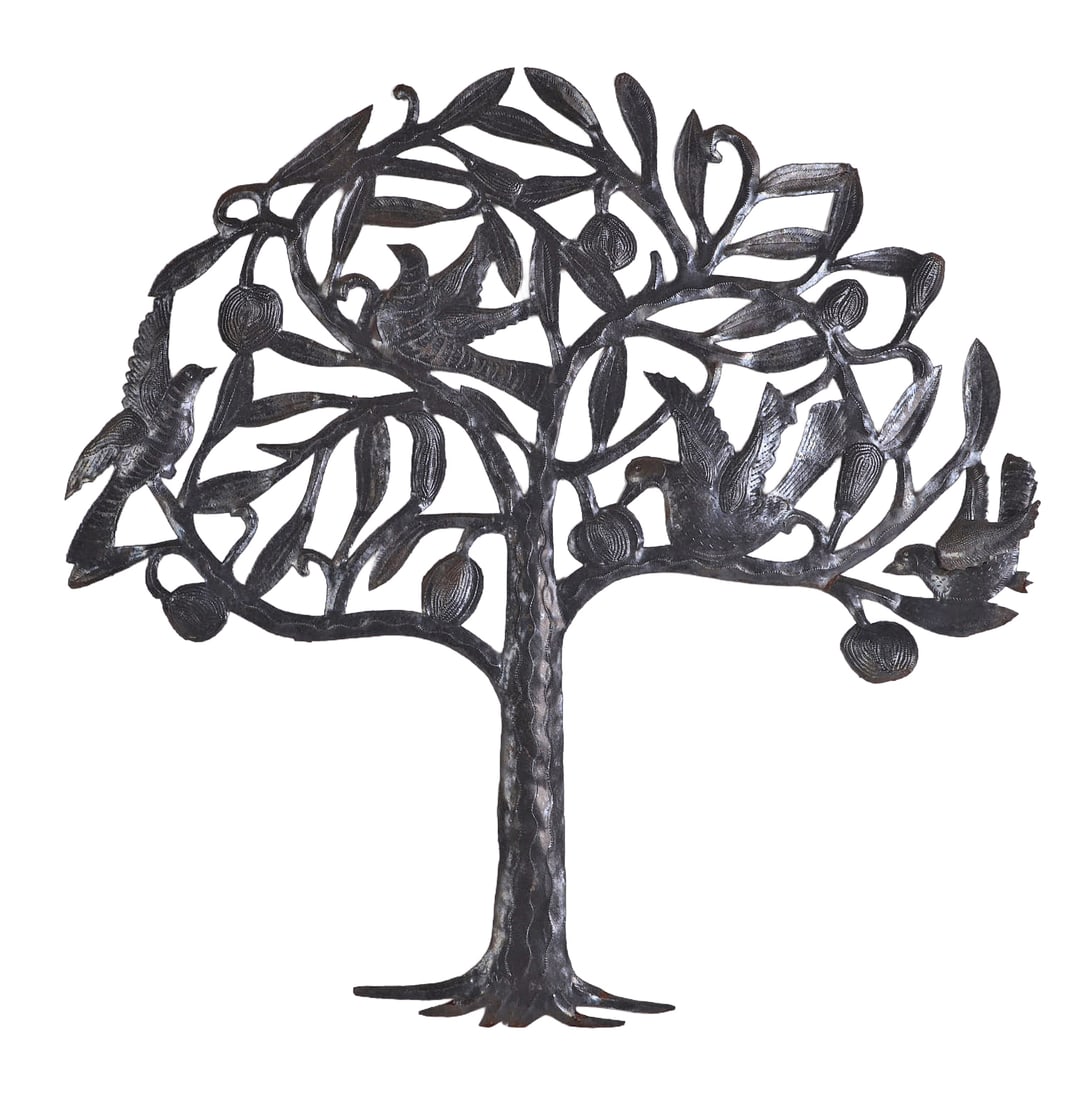 Vintage Haitian Oil Drum Art: Vintage Haitian Oil Drum Art Folk art sculpture cutout from steel drums. Tree of Life with fruits and birds. Signed Duval Damien. 33.5" H x 33.5" W