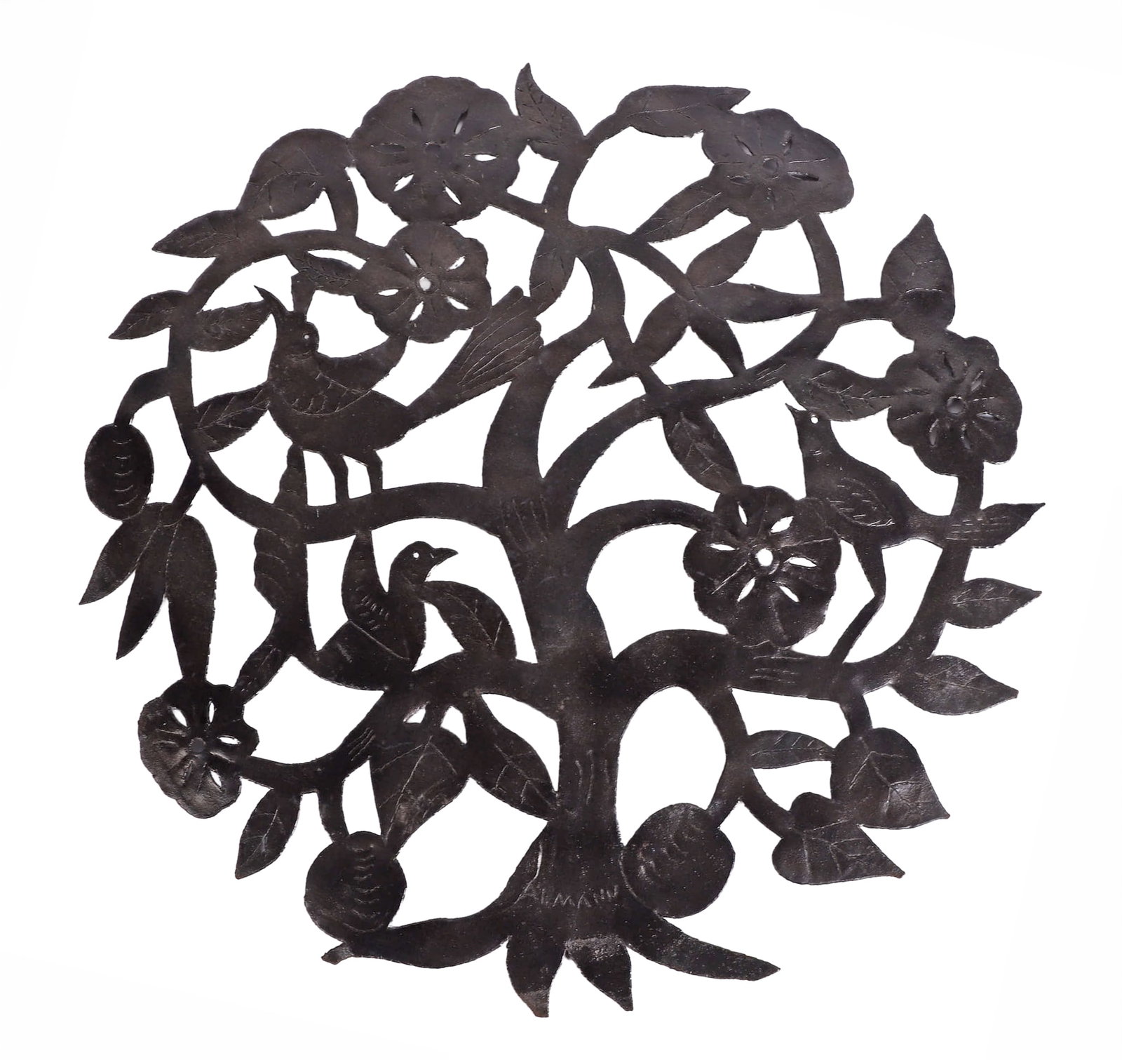 Vintage Haitian Oil Drum Cutout Sculpture: Vintage Haitian Oil Drum Cutout Sculpture Folk art Tree of Life with bird and blossom motifs. Signed Almann. 25" diameter.