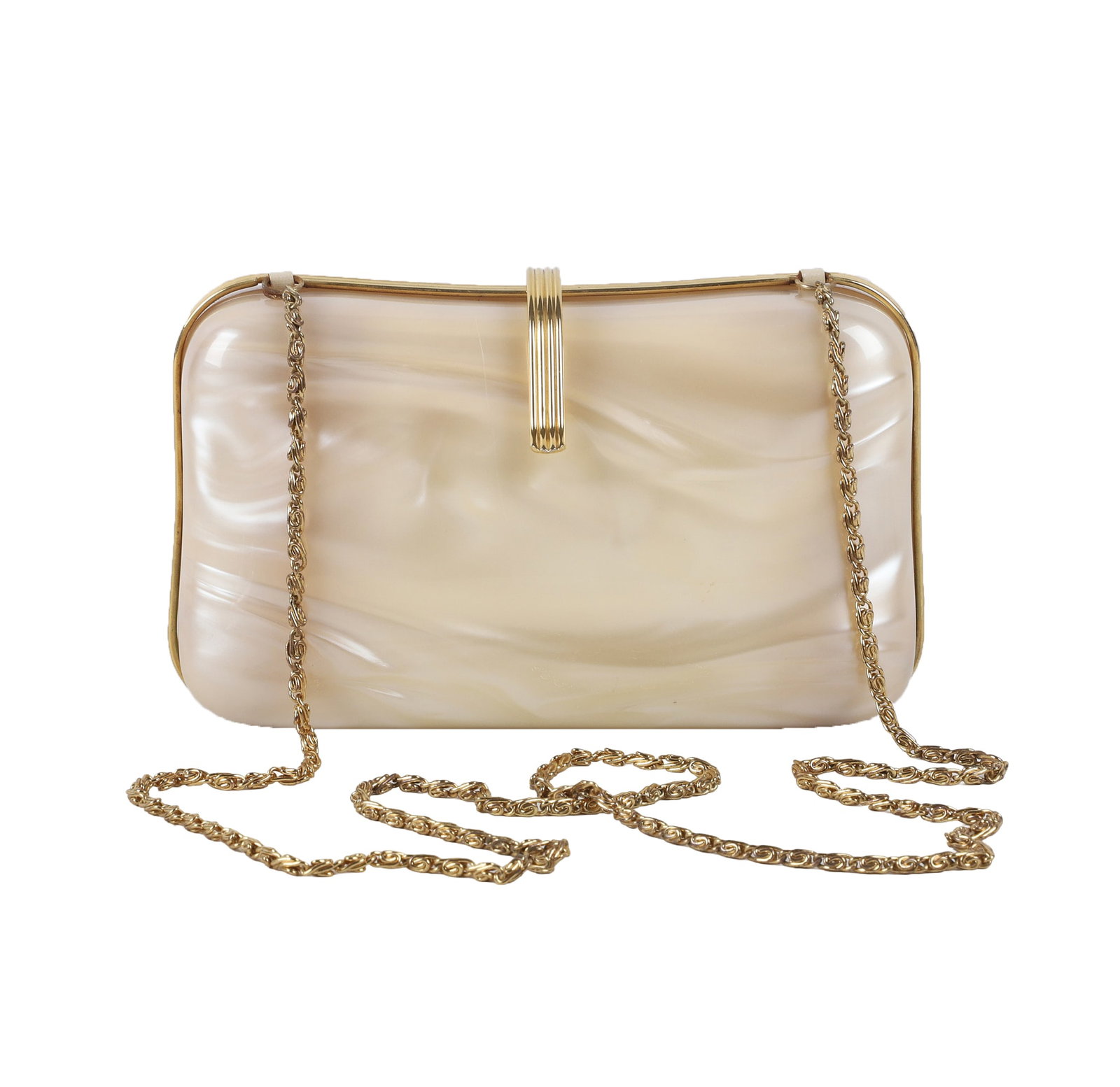 Vintage Lucite Pearlized Clutch: Vintage Lucite Pearlized Clutch Vintage Lucite Pearlized Clutch with gold tone clasp and border, gold tone shoulder strap, inside has some discoloration and has some tears, has Made In Hong Kong tag, 