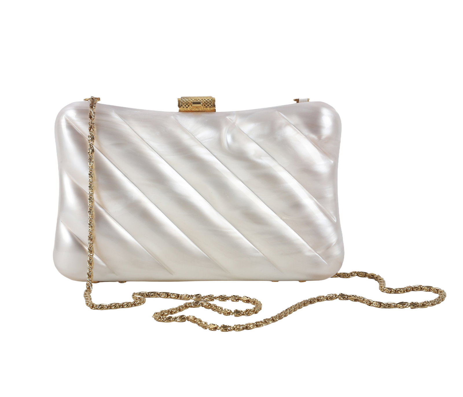 Vintage Lucite White Marbled Purse: Vintage Lucite White Marbled Purse Vintage Lucite White Marbled Clutch with gold tone clasp, gold tone shoulder strap, inside has some discoloration, has Made In Hong Kong tag, wear consistent with ag