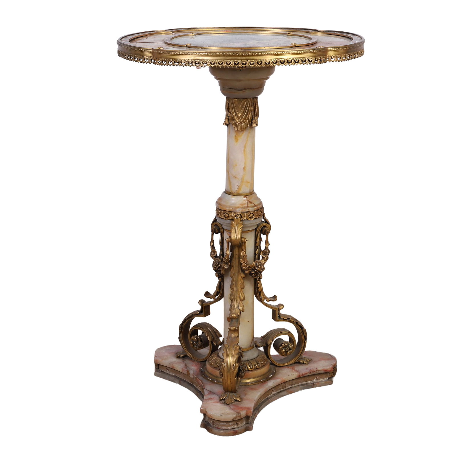 French Napoleon III Style Onyx Gueridon: French Napoleon III Style Onyx Gueridon Bronze mounted onyx stand with Sevres style enamel medallion. Fair condition. Some losses. 31.5" H x 20" diameter.