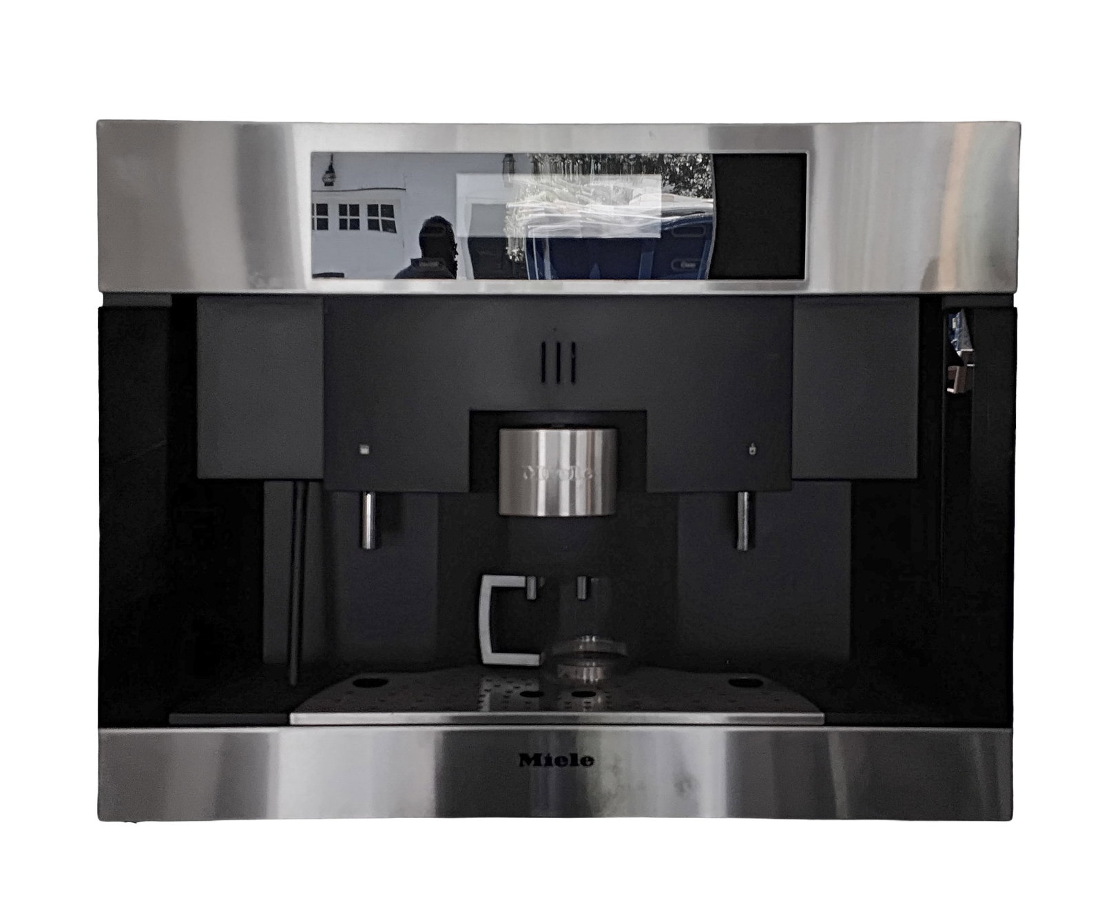Miele Built In Automatic Coffee System: Miele Built In Automatic Coffee System Miele automatic coffee machine with stainless steel and black glass front, integrated coffee dispenser, hot water/steam functions, removable drip tray, programma