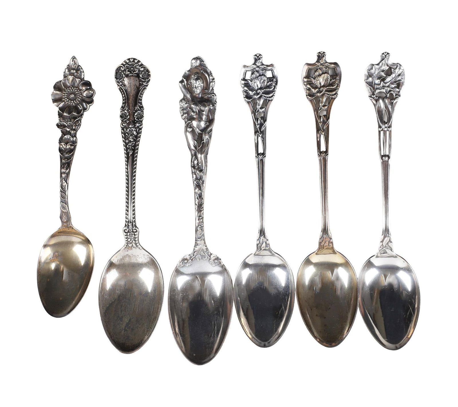(6) Sterling Silver Spoons, Various Makers.: (6) Sterling Silver Spoons, Various Makers. (6) Selection of sterling silver spoons featuring (3) matching floral spoons from Watson. Also includes pieces from Reed & Barton, Manchester & Gorham.