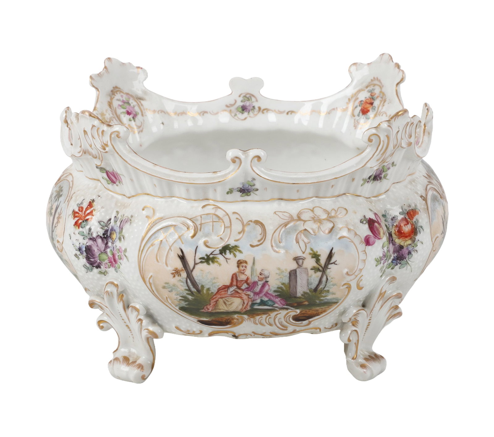Antique Dresden Footed Bowl: Antique Dresden Footed Bowl Dresden porcelain footed bowl with hand painted flowers & courtship scenes, no damage noted. 9"W x 5 3/4"H
