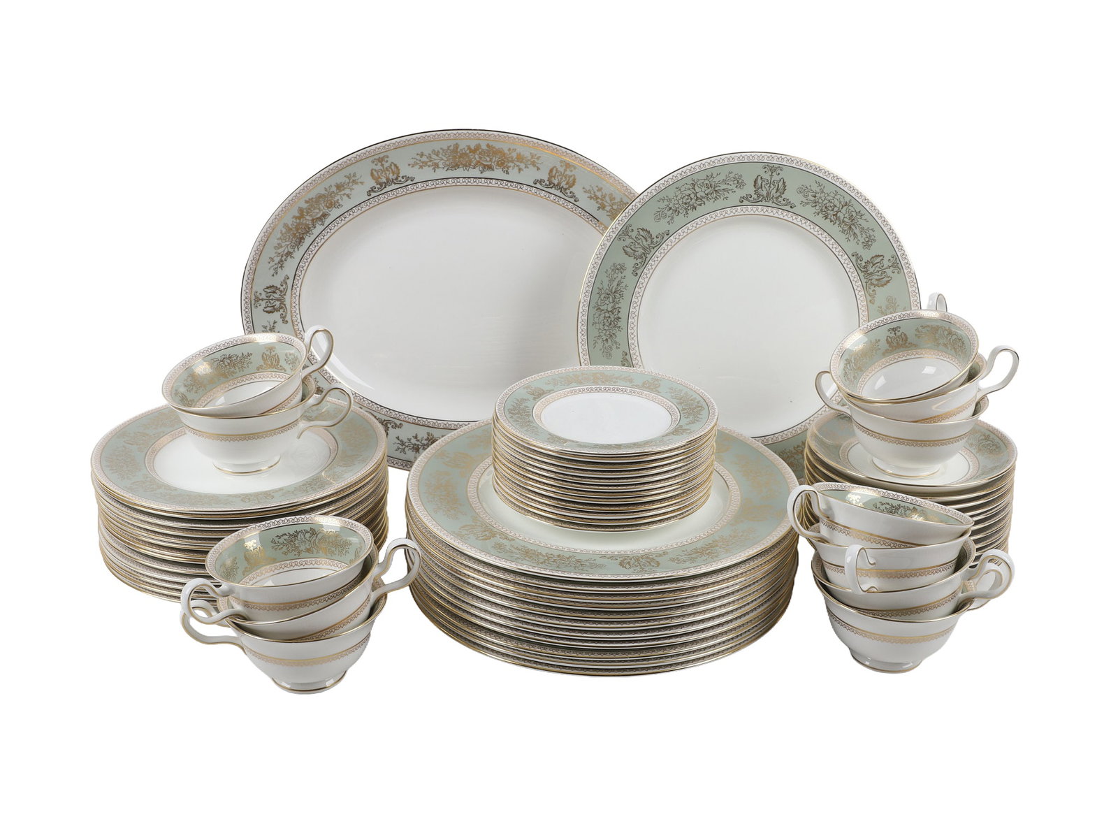 Wedgwood Gold Columbia Sage Green, Service for Twelve: Wedgwood Gold Columbia Sage Green, Service for Twelve Set of Wedgwood bone china 'Gold Columbia' pattern with sage green rim, service for twelve including (12) 10 7/8"W dinner plates, (13) 8 1/4"W