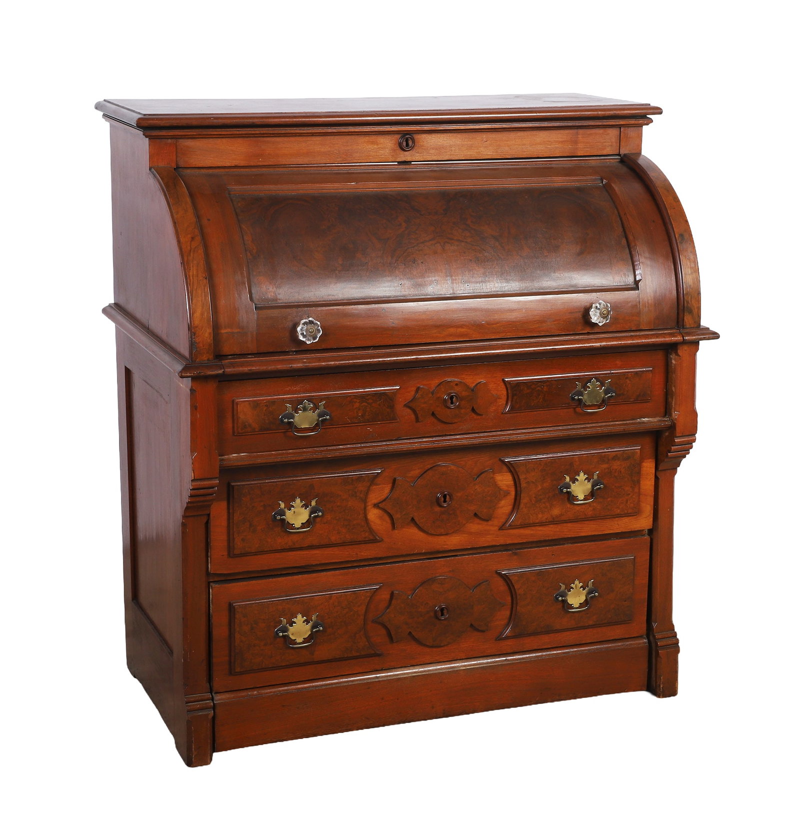 Antique 19th C Cylinder Secretary Desk: Antique 19th C Cylinder Secretary Desk Eastlake Victorian style desk over a chest of drawers 45" H x 40" W x 23" D.