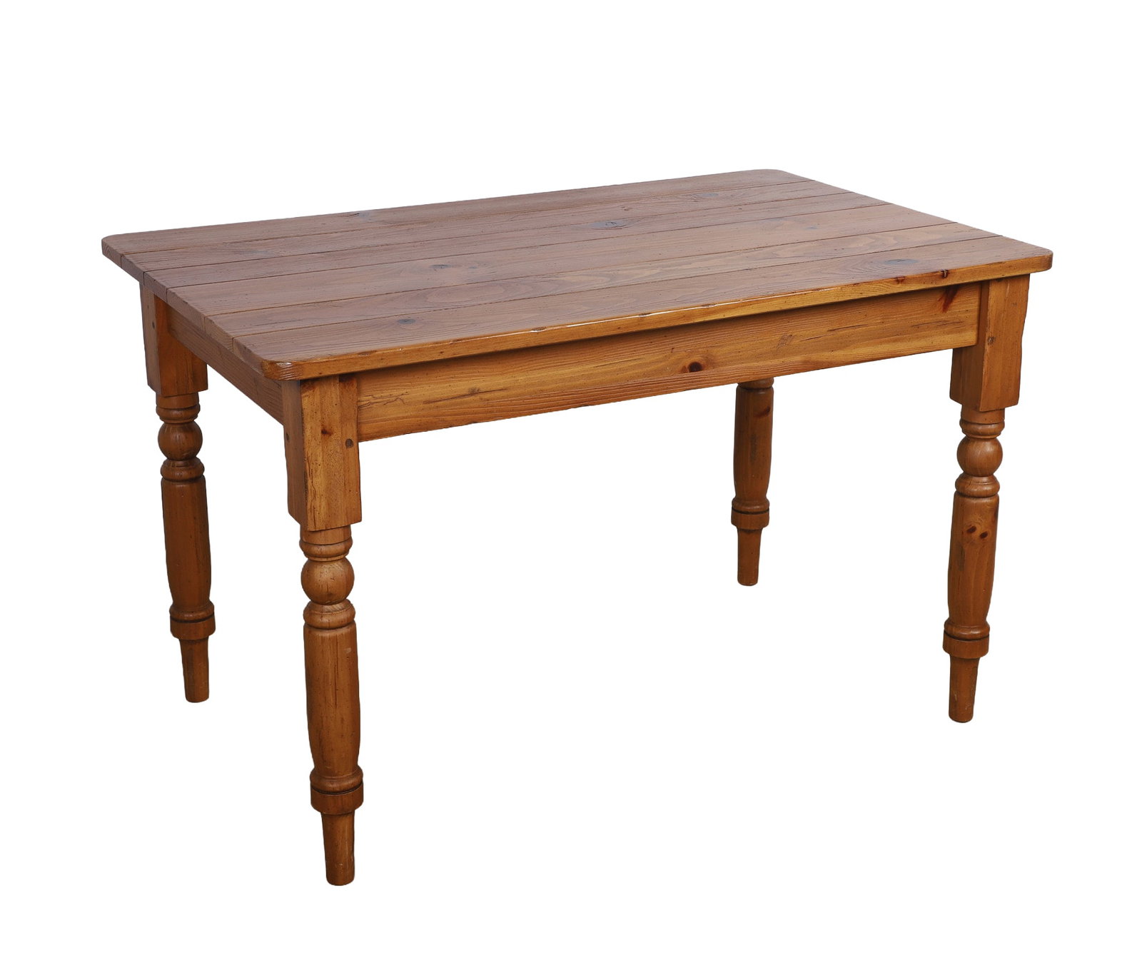 Rustic Pine Farm House Style Work Table: Rustic Pine Farm House Style Work Table Plank top over single drawer apron on turned legs. Labeled: Ethan Allen Signature Service. 30.5" H x 48' W x 30" D