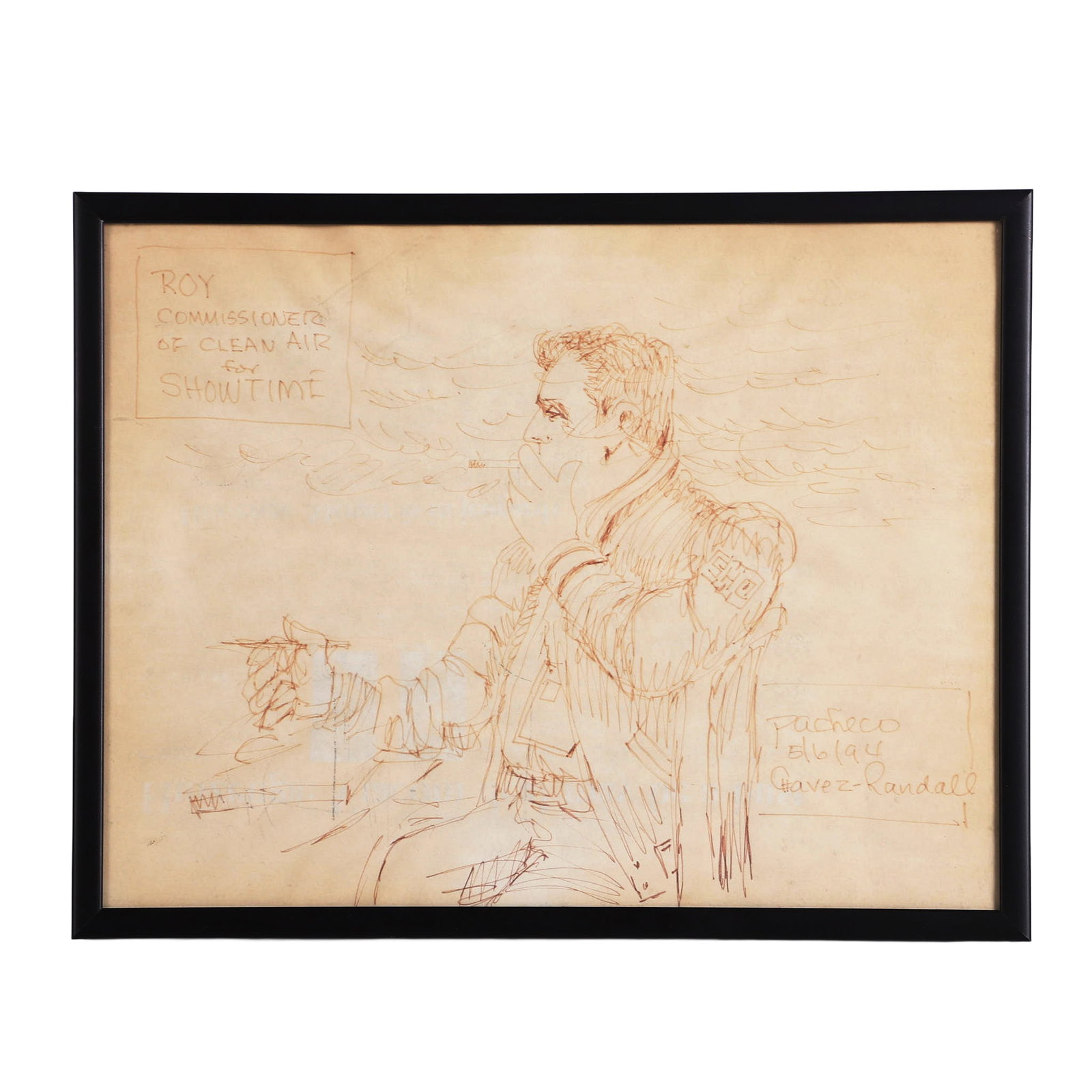 Sketch, 'Roy - Commissioner of Clean Air for Showtime', Pacheco Chavez-Randall: Sketch, 'Roy - Commissioner of Clean Air for Showtime', Pacheco Chavez-Randall Hand drawn sketch 'Roy - Commissioner of Clean Air for Showtime', depicting smoking man, marked at the bottom right