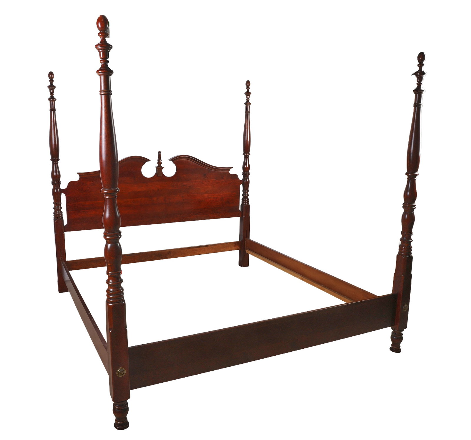 Colonial Revival King Size Four Poster Bed: Colonial Revival King Size Four Poster Bed Mahogany finish frame with turned posts and broken arch pediment headboard. 80" H x 82" W.