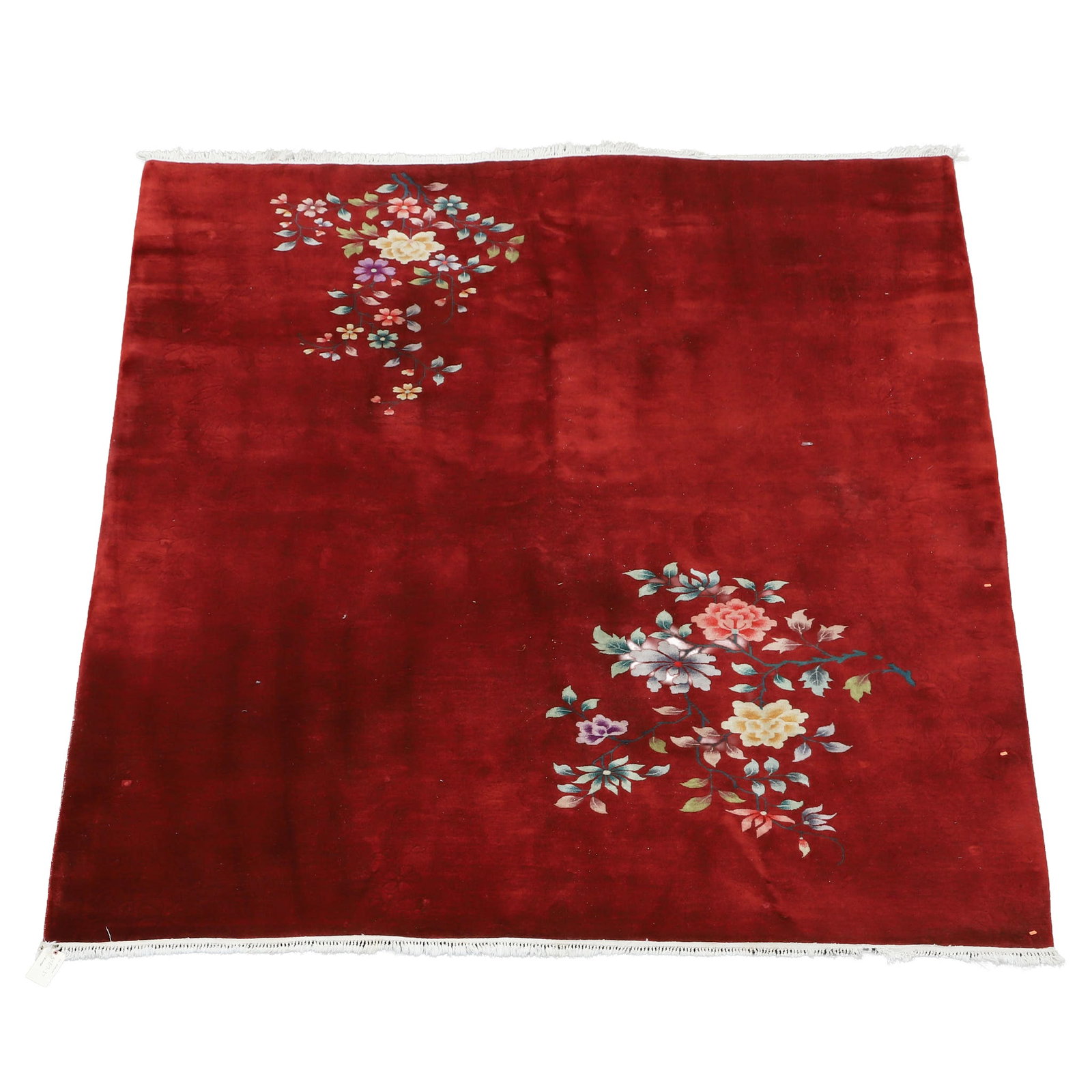 Chinese Art Deco, Nichols Style, Rug, 9'9" x 13'4": Chinese Art Deco, Nichols Style, Rug, 9'9" x 13'4" Crimson red sculpted carpet with bouquet motif. 20th c.