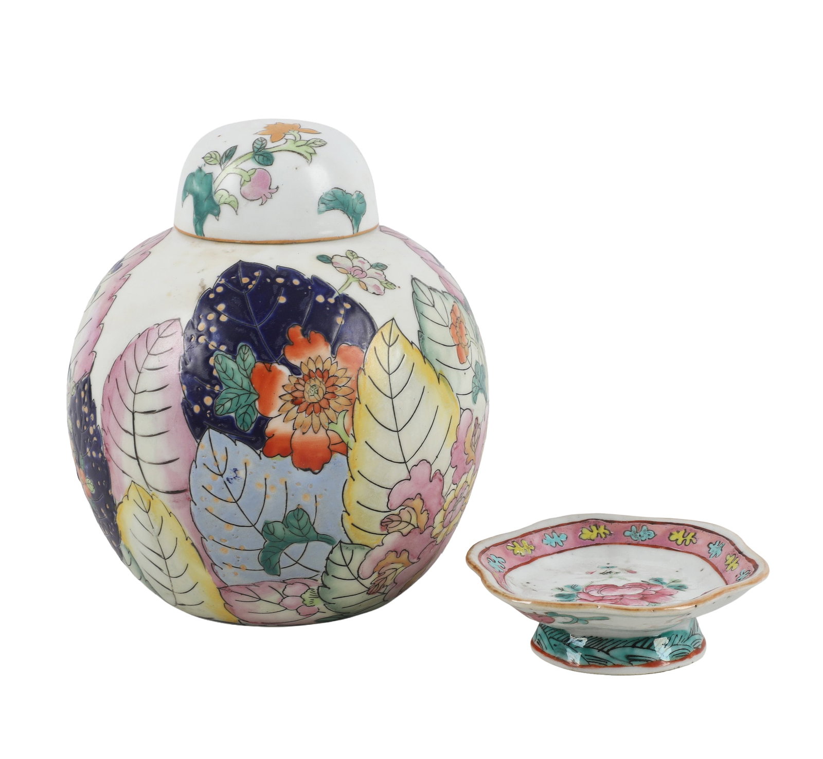 Antique Chinese Tobacco Leaf Ginger Jar W/ Small Dish (1 of 8)