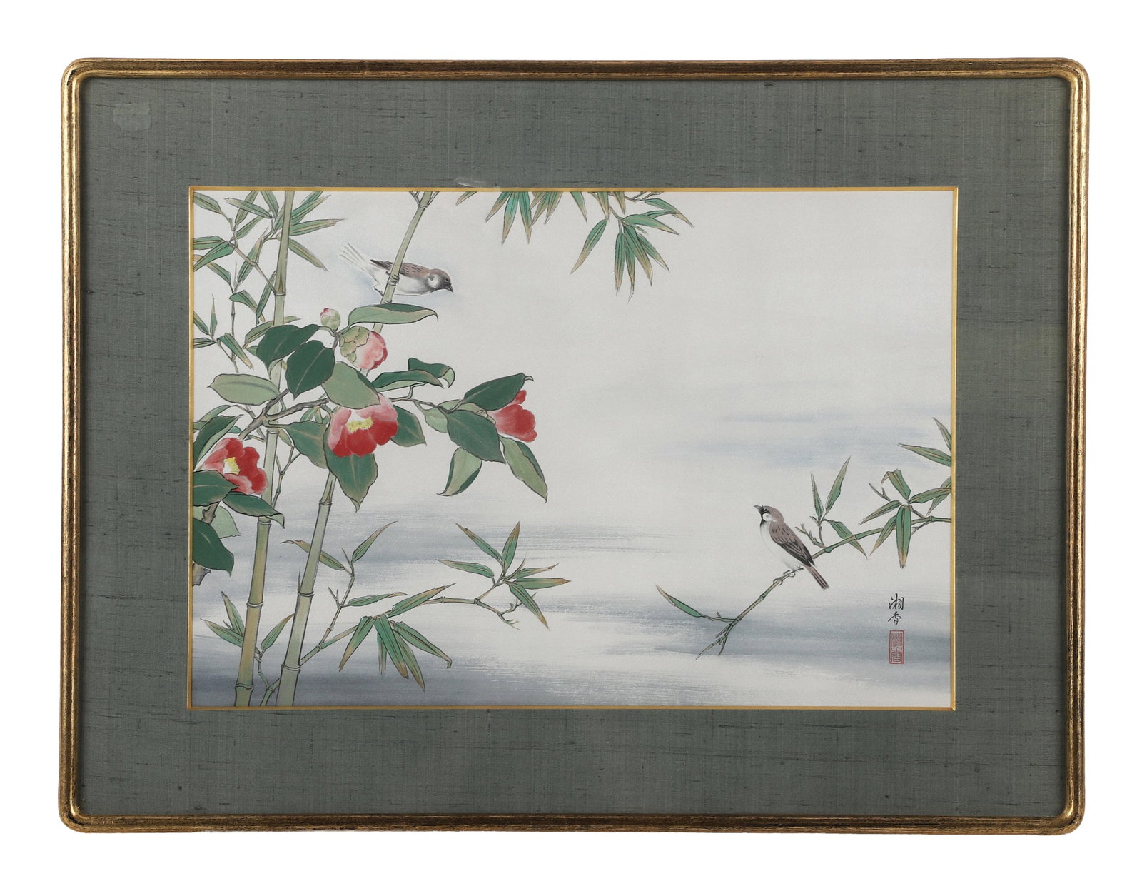 Chinese Sumi Style Inkwash Painting: Chinese Sumi Style Inkwash Painting Vignette with sparrows. Framed under glass. Inscribed and stamped. 12" H x 18" W, sight, 18.5" H x 24.5" W, frame.