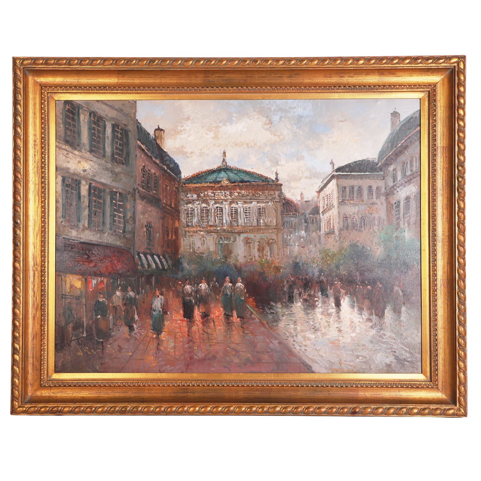 W. Eddie (Eddie Wong, Chinese, b.1955) Painting: W. Eddie (Eddie Wong, Chinese, b.1955) Painting A large-scale impressionist-style plein-air European streetscape. Oil on canvas. Signed in the lower left corner. 29.5" H x 39.5" W, sight, 38" H x 48" 