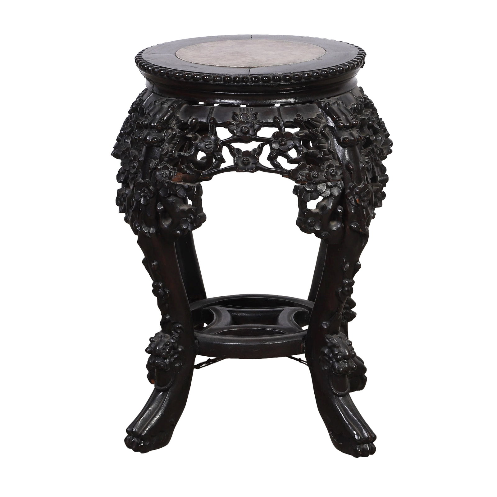 Antique Chinese Rosewood Fernery Stand, 19th C.: Antique Chinese Rosewood Fernery Stand, 19th C. Profusely carved with dragon and blossom vine motif and with inset marble top tabourette. 18" H x 12" Dia.