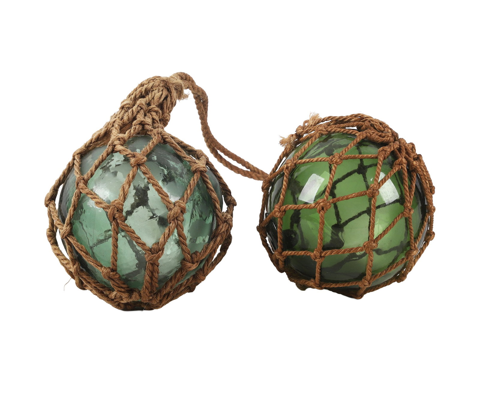 (2) Japanese Green Glass Fishing Floats: (2) Japanese Green Glass Fishing Floats Pair of Japanese green glass fishing floats bound in woven rope, hand blown with sealed tops, one showing a mark '10' opposite the seal.