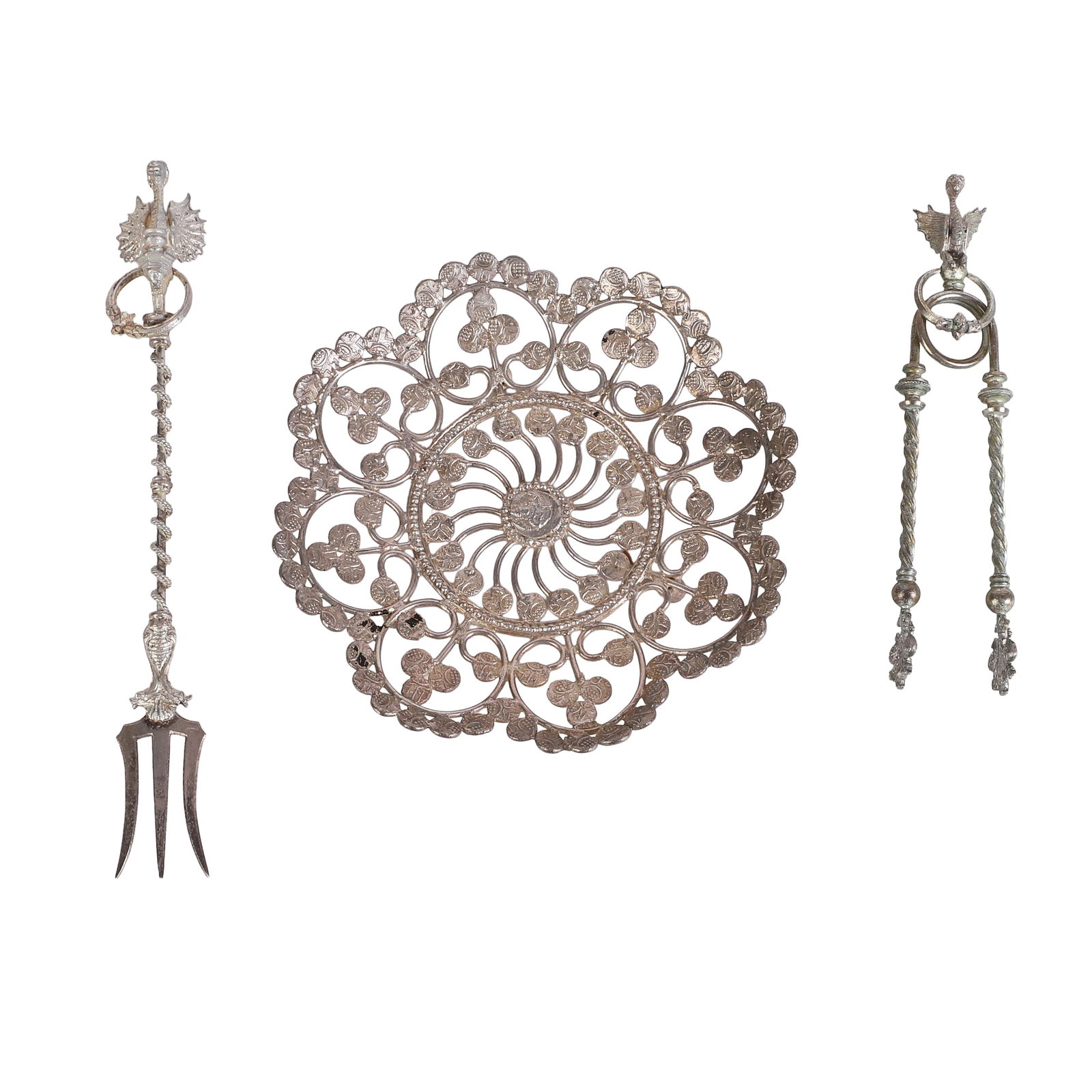 (3) Southeast Asian Silver: (3) Southeast Asian Silver (3) Antique Southeast Asian silver to include a 4 1/4"W wire construct footed dish , a French style pair of tongs with a figural gryphon & ring paired with a matching '800' 