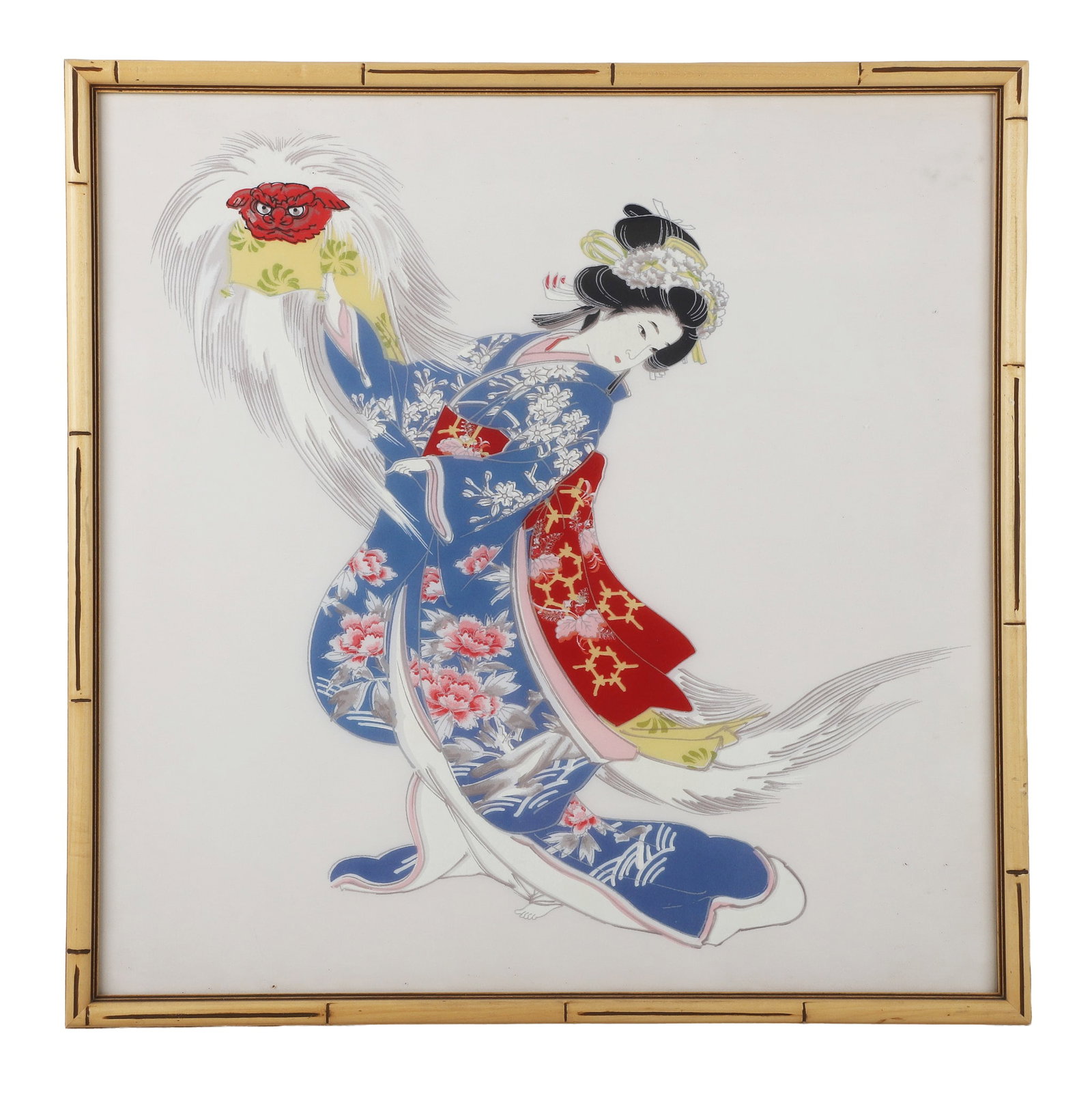 Vintage Framed Japanese Geisha Silk Scarf: Vintage Framed Japanese Geisha Silk Scarf Screenprinted silk scarf featuring a Geisha performing the Shishimai (Lion Dance). Framed under glass. 26" H x 25" W, framed.