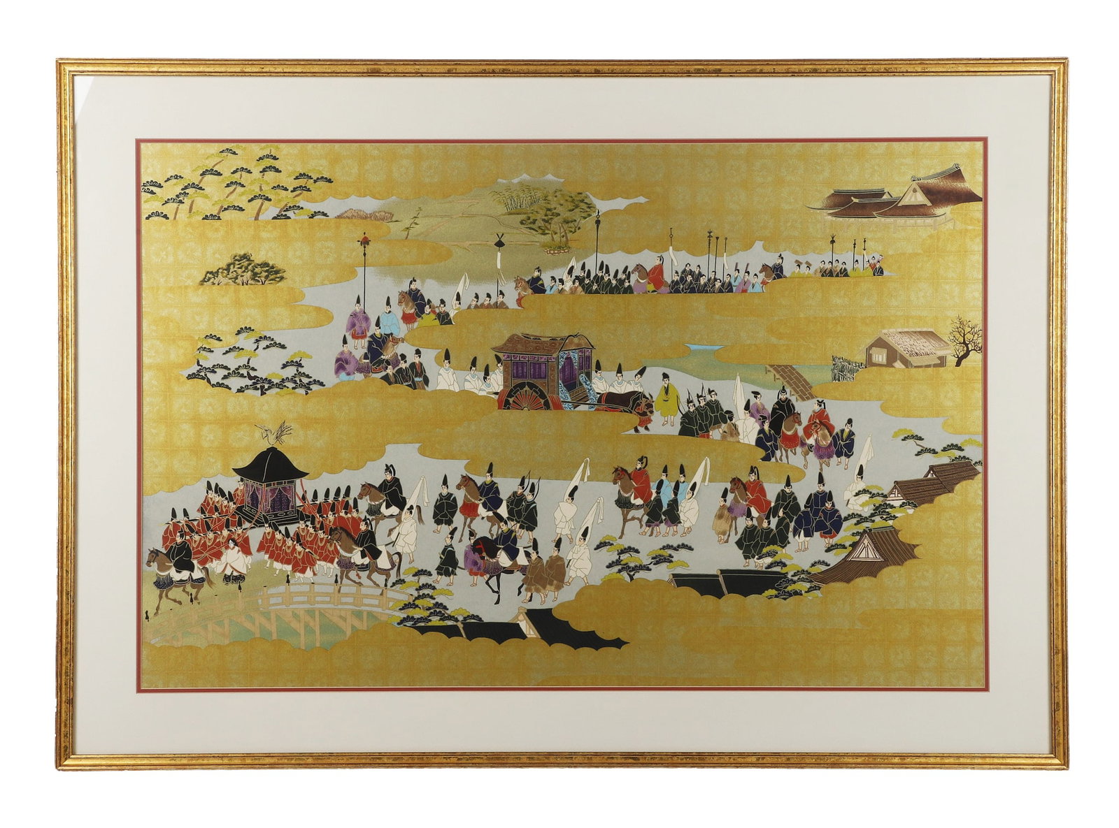 Vintage Japanese Chiyogami Print: Vintage Japanese Chiyogami Print After the antique, an aerial view of a royal procession. Framed under glass. 24" H x 37" W, mat, 31" H x 44" W, frame.