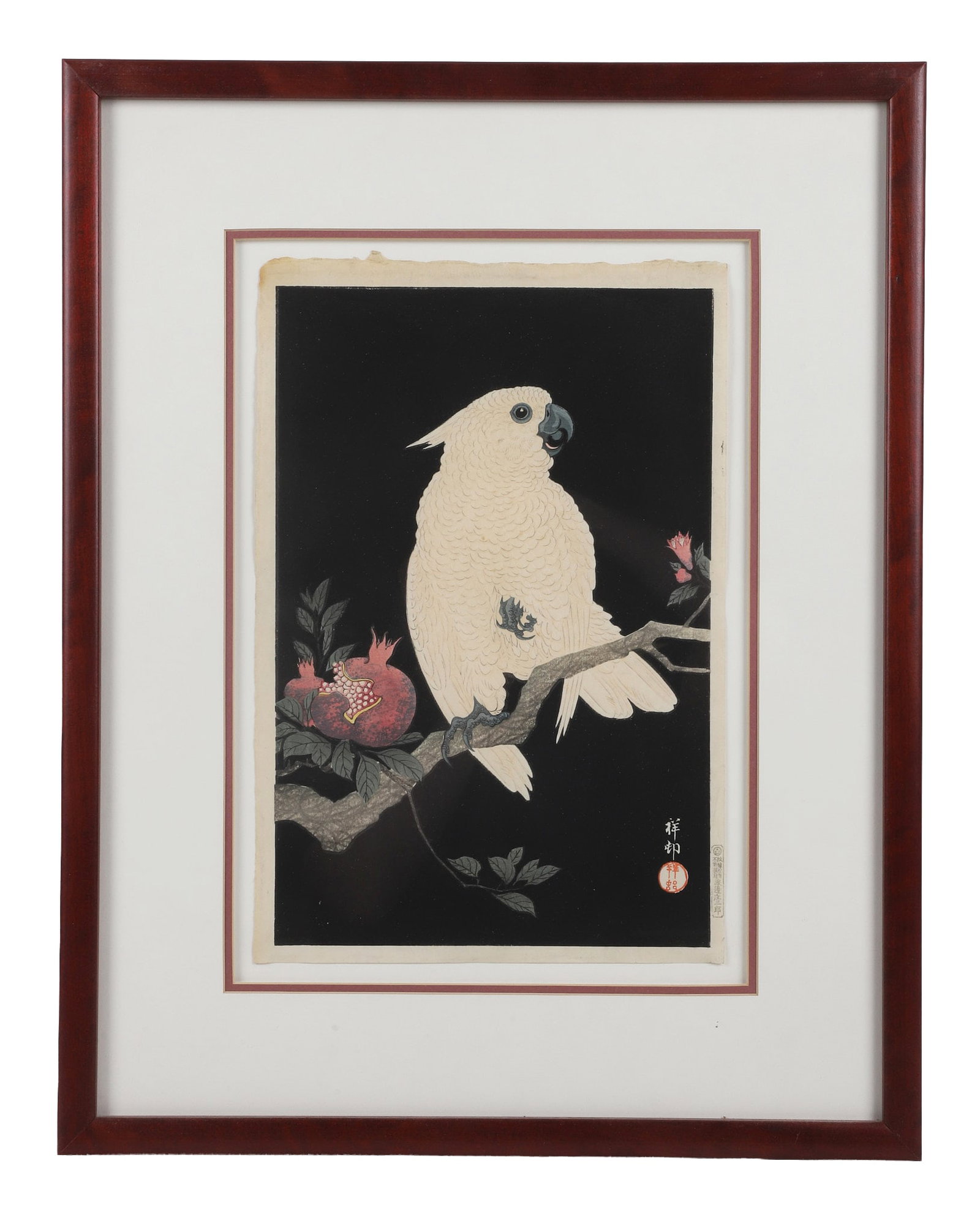 Kosan Ohara Woodblock Printed by Shozaburo Watanabe: Kosan Ohara Woodblock Printed by Shozaburo Watanabe Japanese Shin-hanga woodblock print by Kosan Ohara, Early 20th C., bearing the printer's mark of Shozaburo Watanabe. Titled: The Parrot and Pomegran