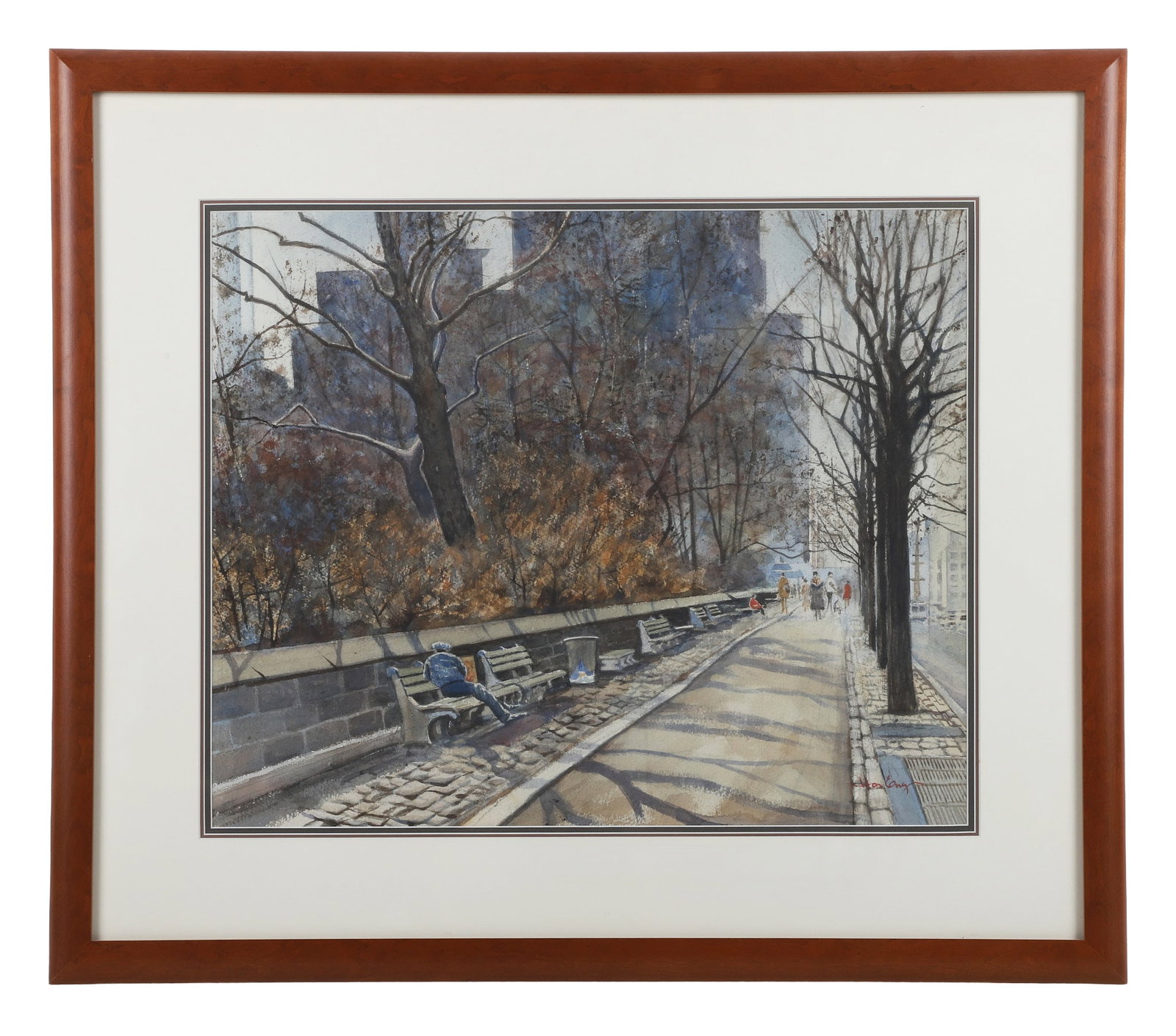 Hon Eng (20th/21st C) Parkside Cityscape, Watercolor.: Hon Eng (20th/21st C) Parkside Cityscape, Watercolor. Plein air view in the late Fall or Winter. Framed under glass, signed in the lower right corner. 17.5" H x 21.5" W sight, 26.75' H x 30.75" W fram