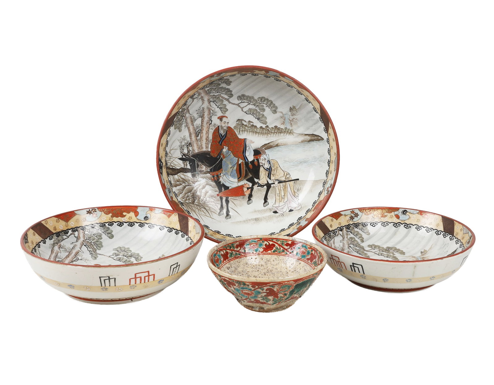 Antique Japanese Bowl, Kutani Rider & Attendant Shallow Bowls: Antique Japanese Bowl, Kutani Rider & Attendant Shallow Bowls Hand painted Japanese Edo period stoneware food bowl. Trio of antique Japanese Kutani shallow bowls in ascending size, decorated with a ri