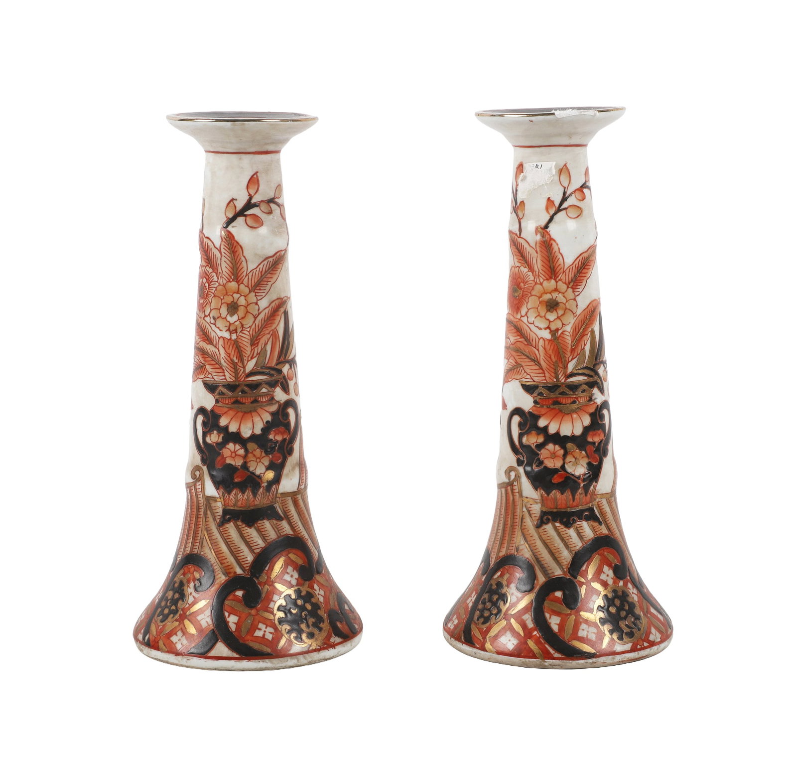 Japanese Kutani Candlestick Pair: Japanese Kutani Candlestick Pair Japanese Kutani candlestick pair, 10"H (chip on one bobeche).